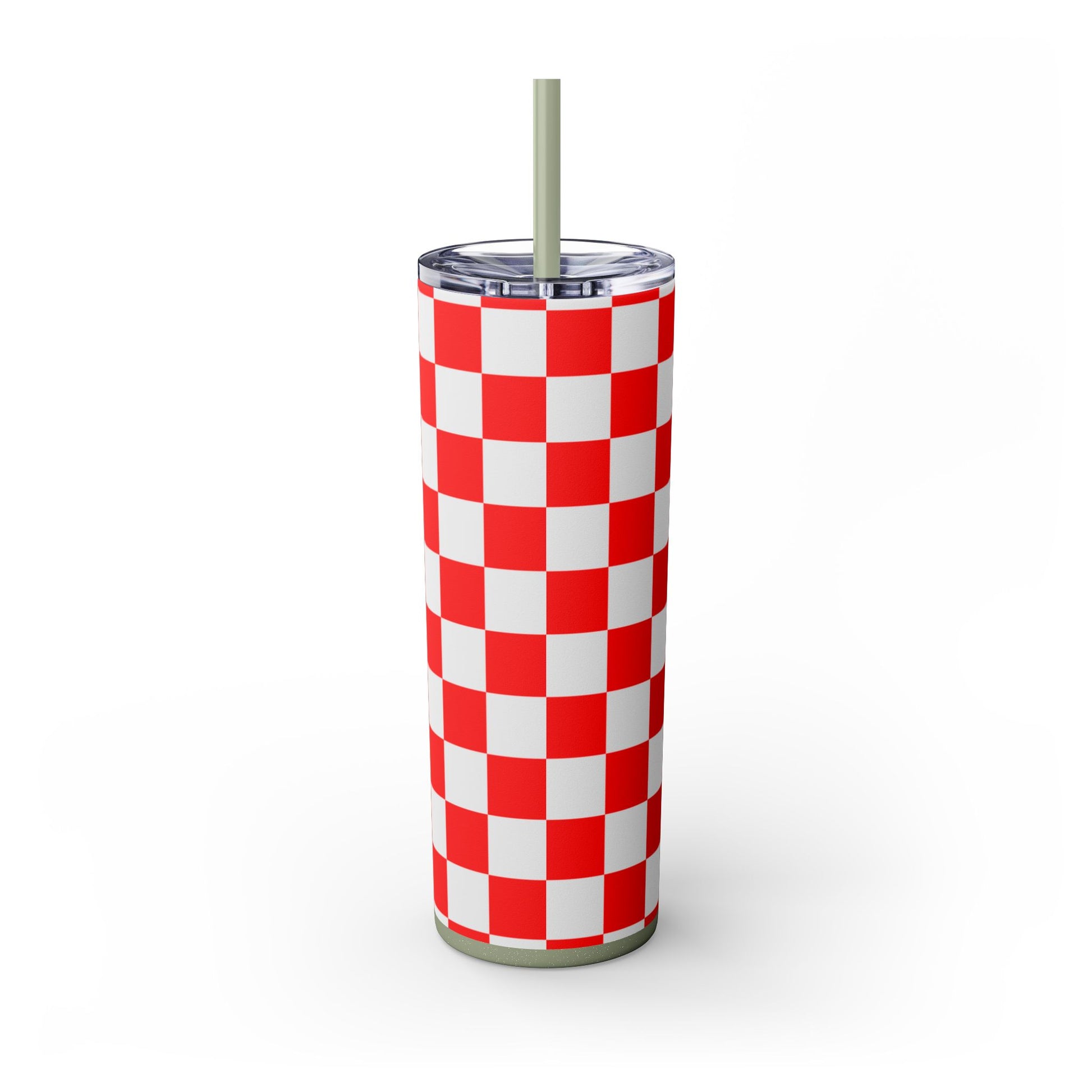 Checkerboard Red and White Skinny Tumbler with Straw, 20oz, Artsulli - Art is Long, Life is Short, Mug, , , , , , , 