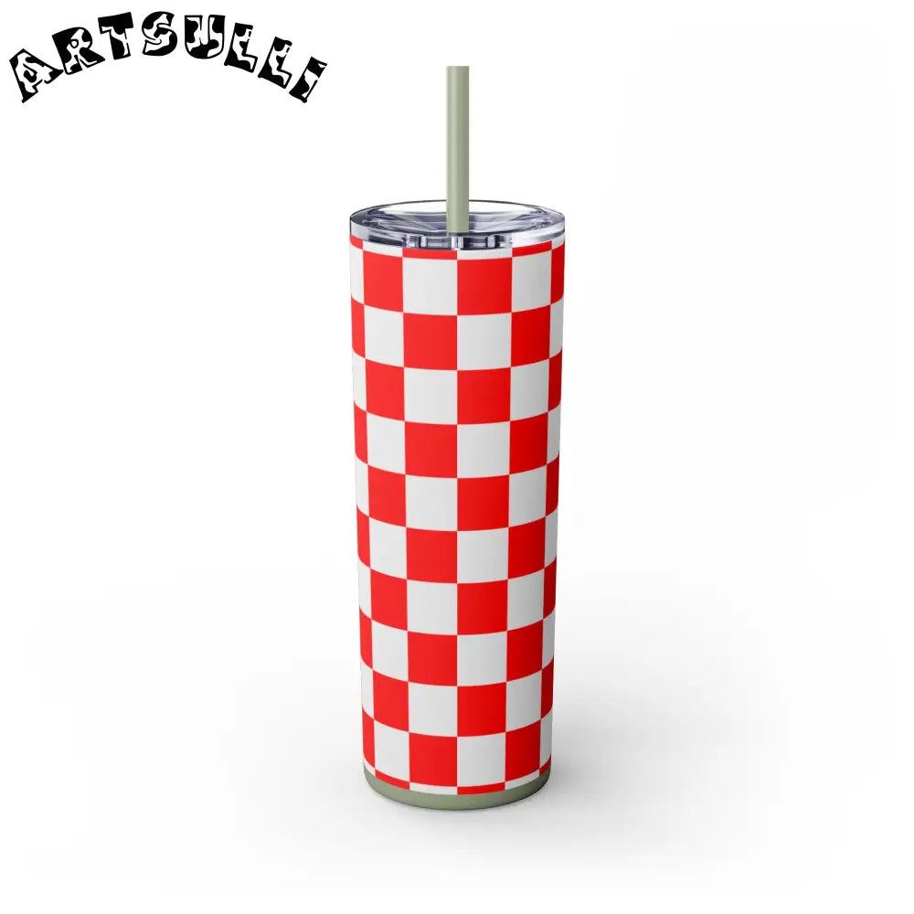 JAKKOUTTHEBXX Checkerboard Red and White Skinny Tumbler with Straw