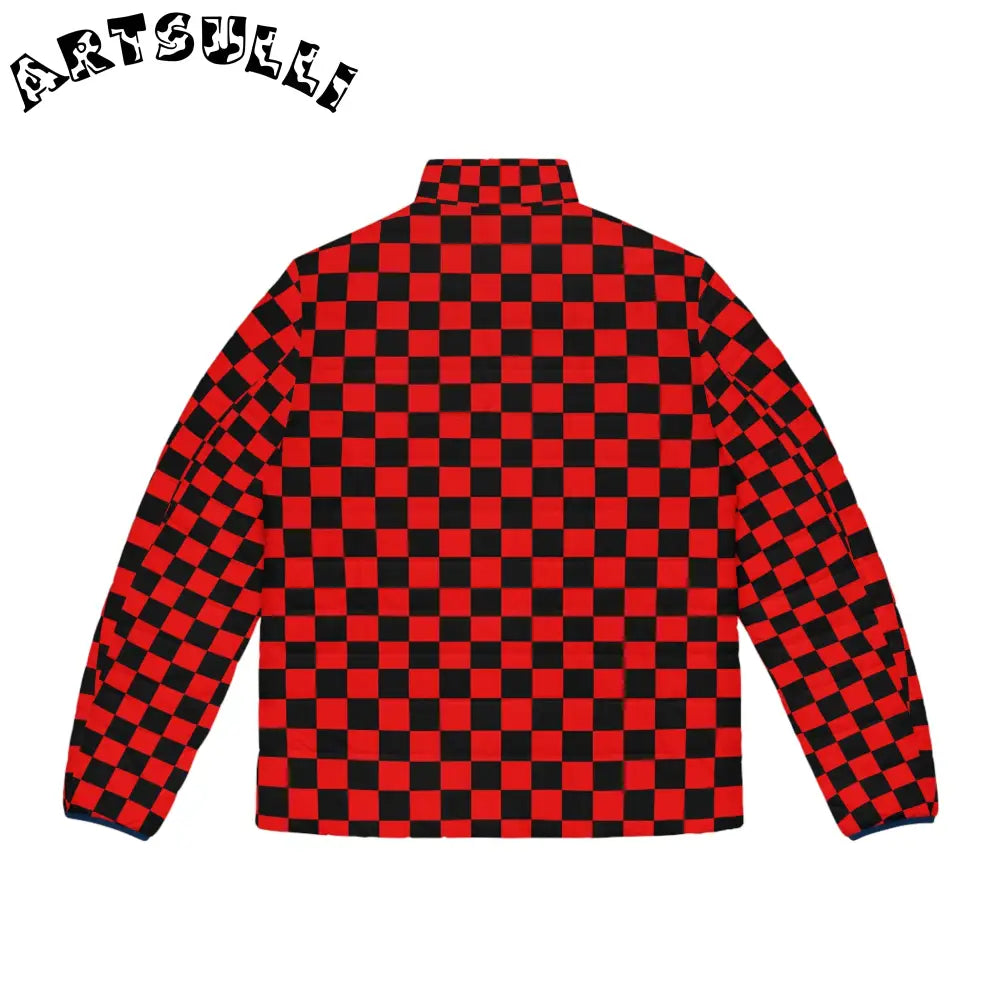 JAKKOUTTHEBXX Checkerboard Red and Black Men’s Puffer Jacket (AOP)