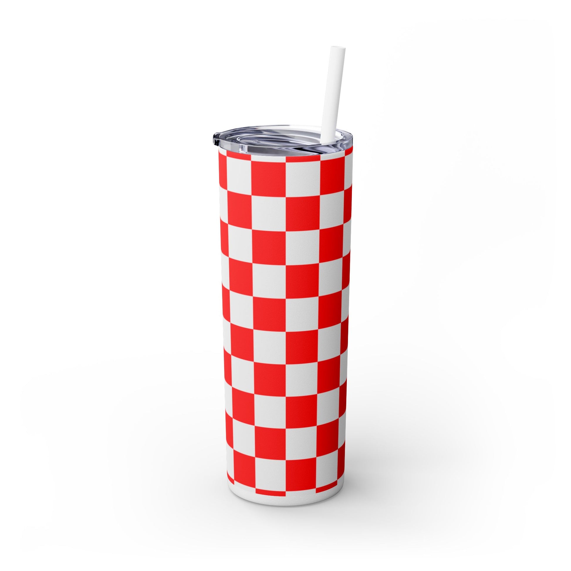 Checkerboard Red and White Skinny Tumbler with Straw, 20oz, Artsulli - Art is Long, Life is Short, Mug, , , , , , , 