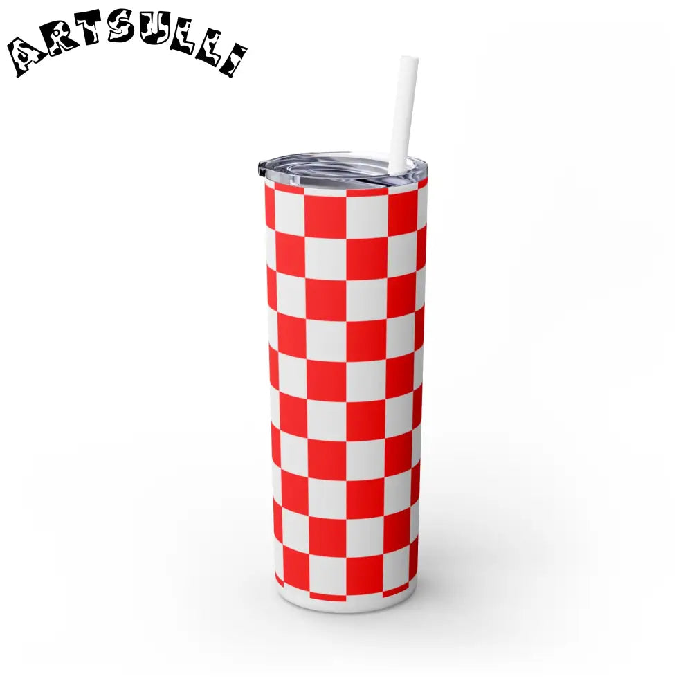 JAKKOUTTHEBXX Checkerboard Red and White Skinny Tumbler with Straw