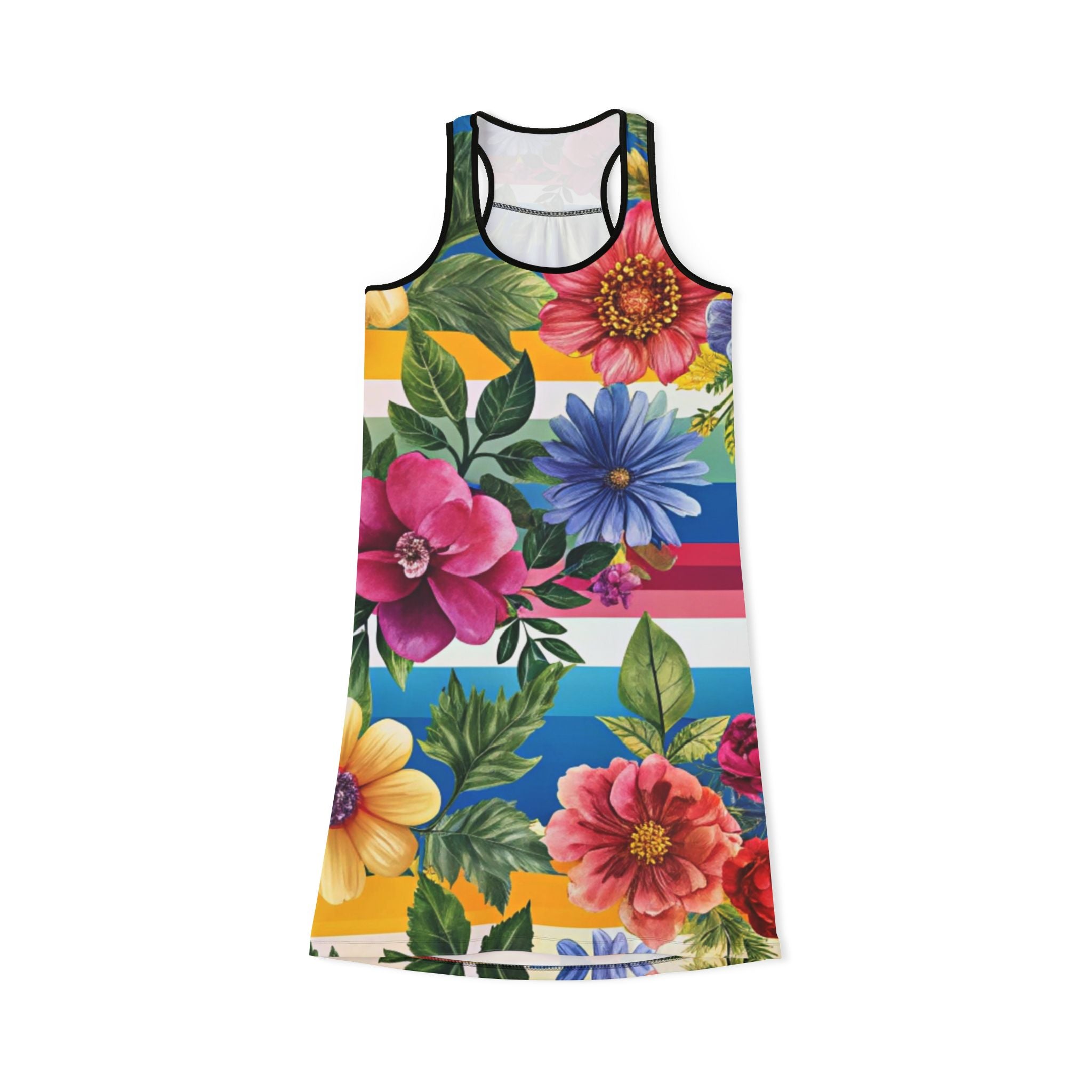 Floral Stripe 4K Women's Racerback Dress (AOP), Artsulli - Art is Long, Life is Short, Tank Top, Size, XS, Color, Black, , , 18128238797929191911
