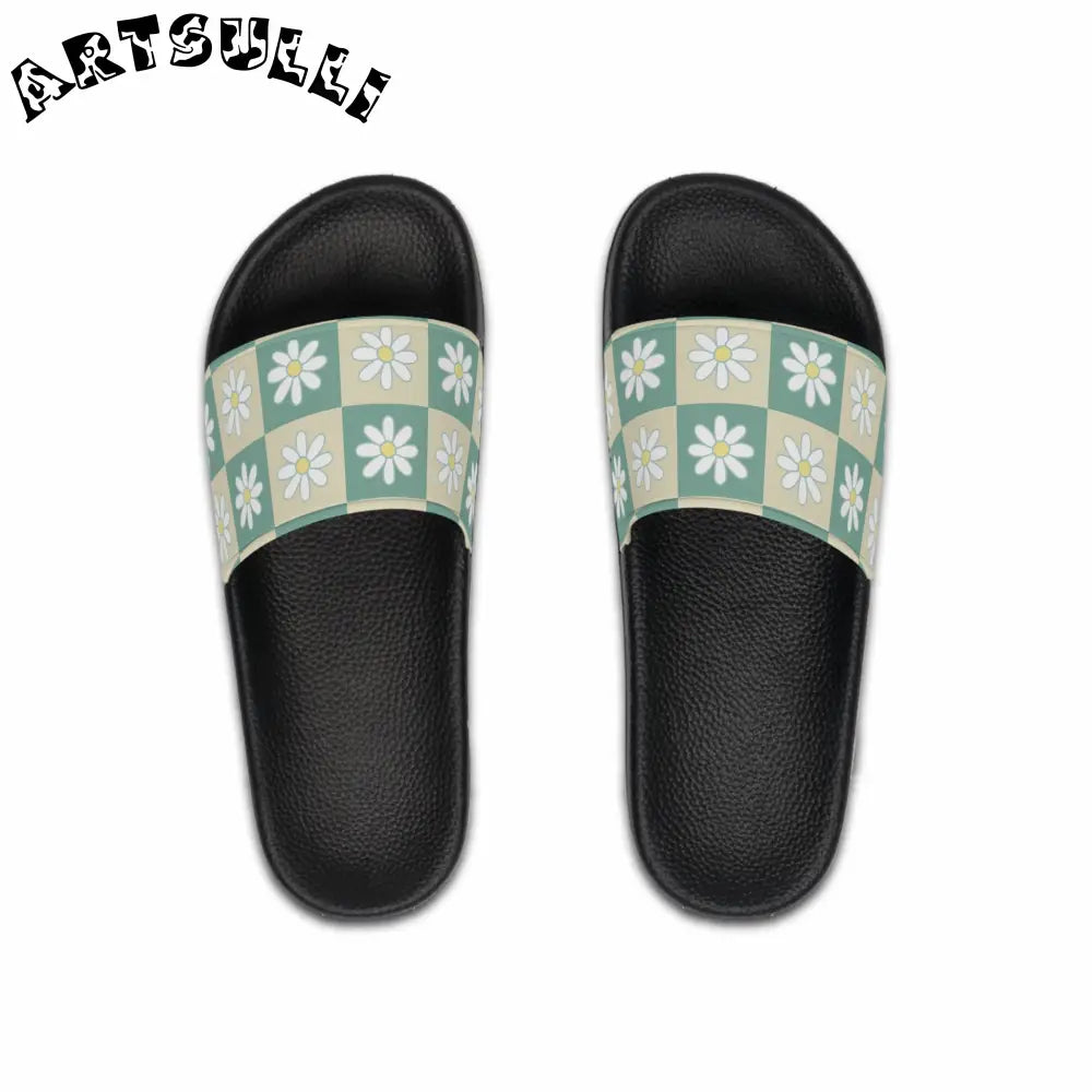 JAKKOUTTHEBXX Retro Daisy Checkerboard Green and Tan Men’s Slide