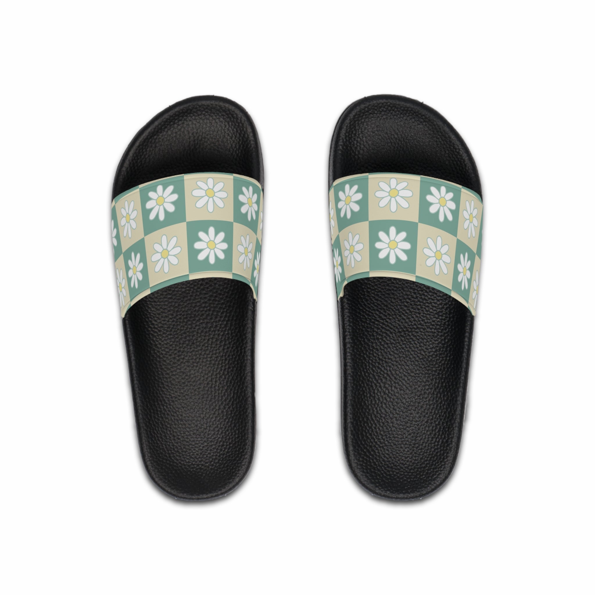 Retro Daisy Checkerboard Green and Tan Men's Slide Sandals, Artsulli - Art is Long, Life is Short, Shoes, Color, Black sole, Size, US 6, , , 21014956672523869325