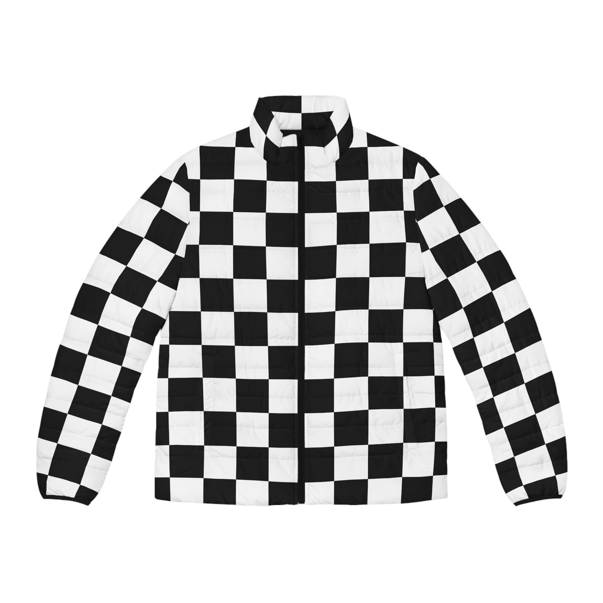 Checkerboard Black and White Men's Puffer Jacket (AOP), Artsulli - Art is Long, Life is Short, All Over Prints, Size, S, Color, Black zipper, , , 24290106193446