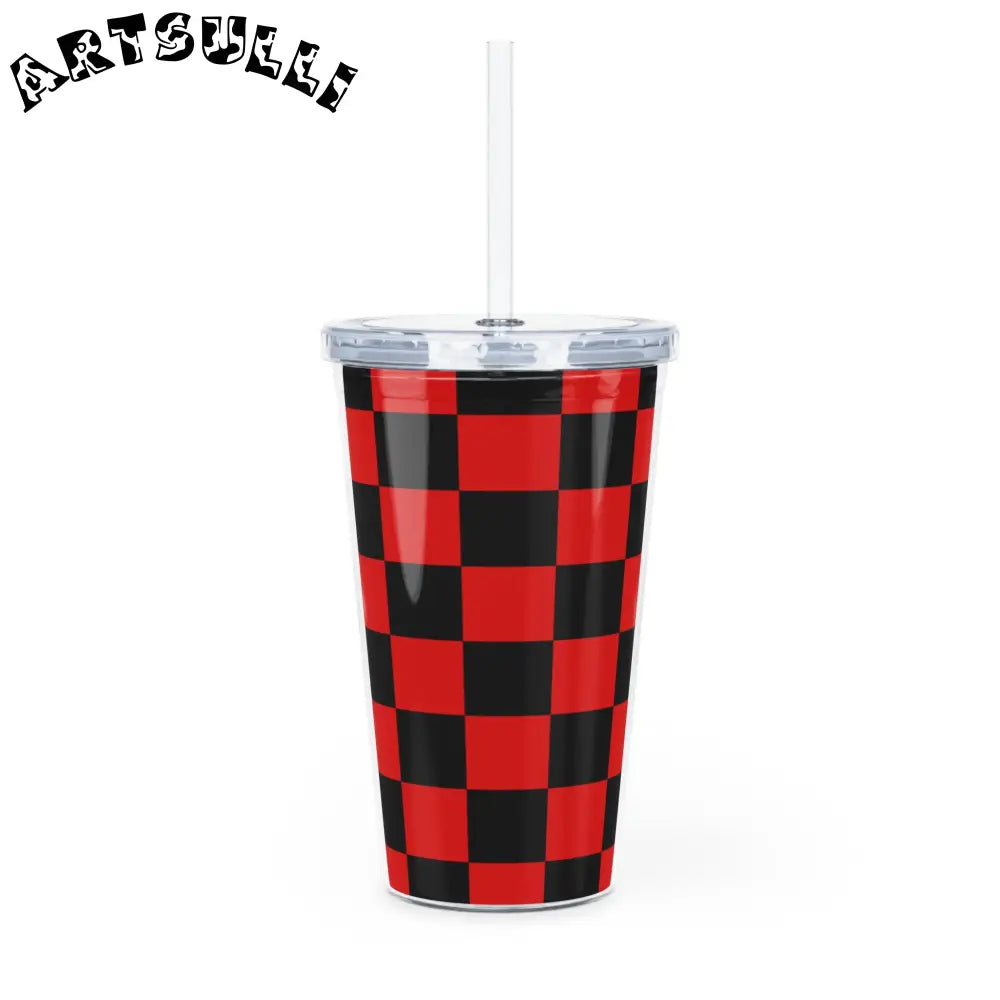 JAKKOUTTHEBXX Checkerboard Red and Black Plastic Tumbler with Straw
