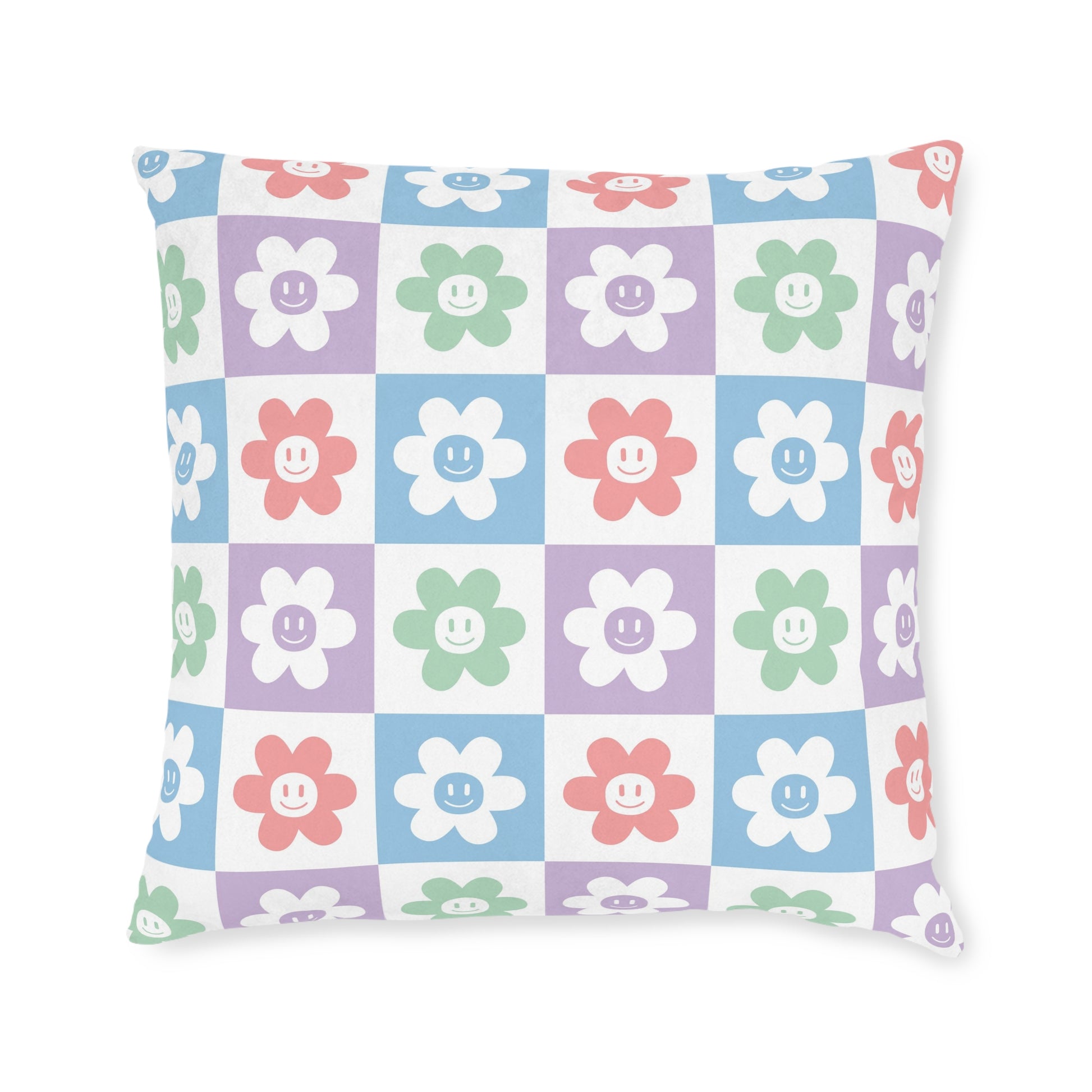 Chessboard x Smiley Face Flowers II Multi-Color Square Pillow - Pink Back, Artsulli - Art is Long, Life is Short, Home Decor, Size, 22" × 22", , , , , 74274528478574148811