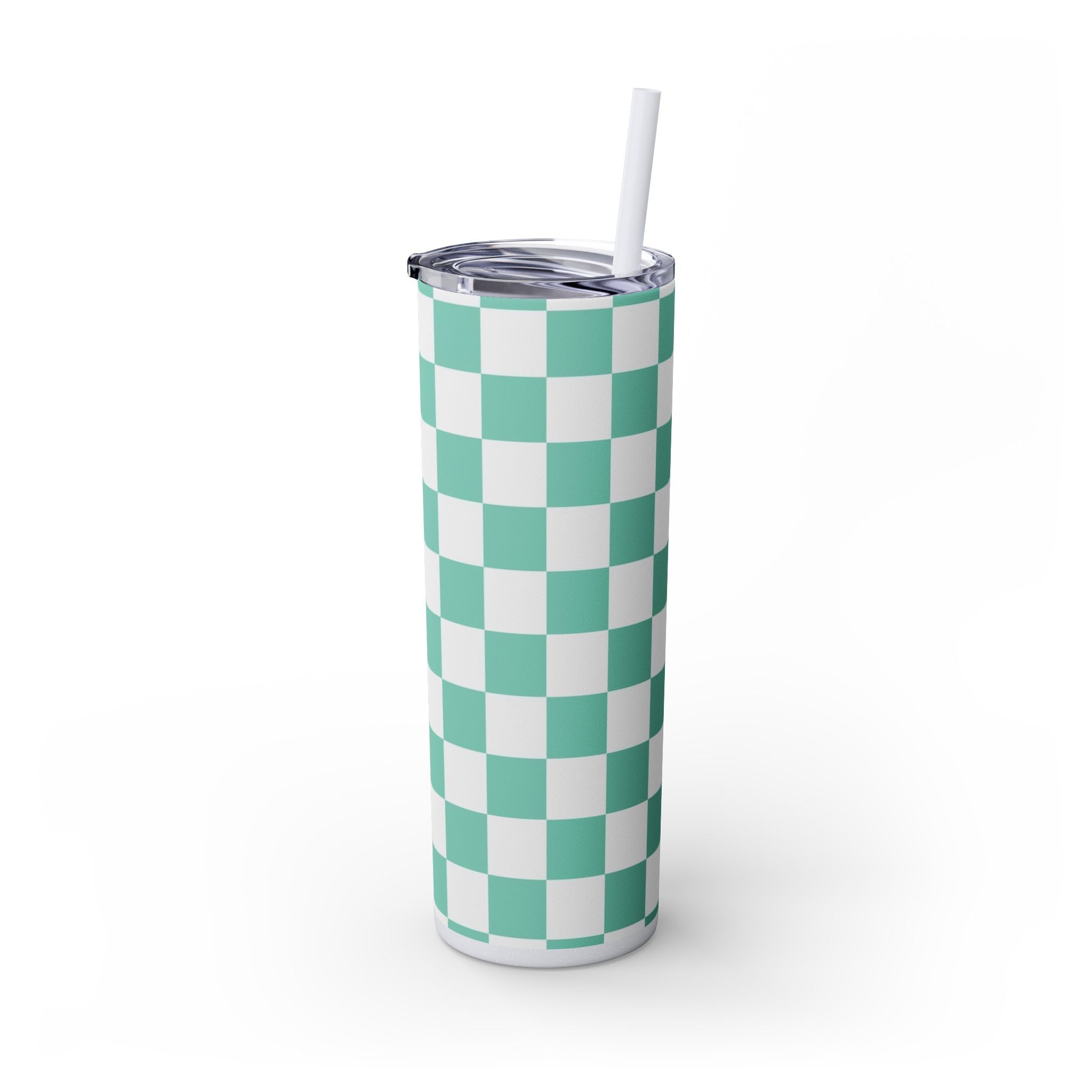 Checkerboard Light Green Skinny Tumbler with Straw, 20oz, Artsulli - Art is Long, Life is Short, Mug, , , , , , , 