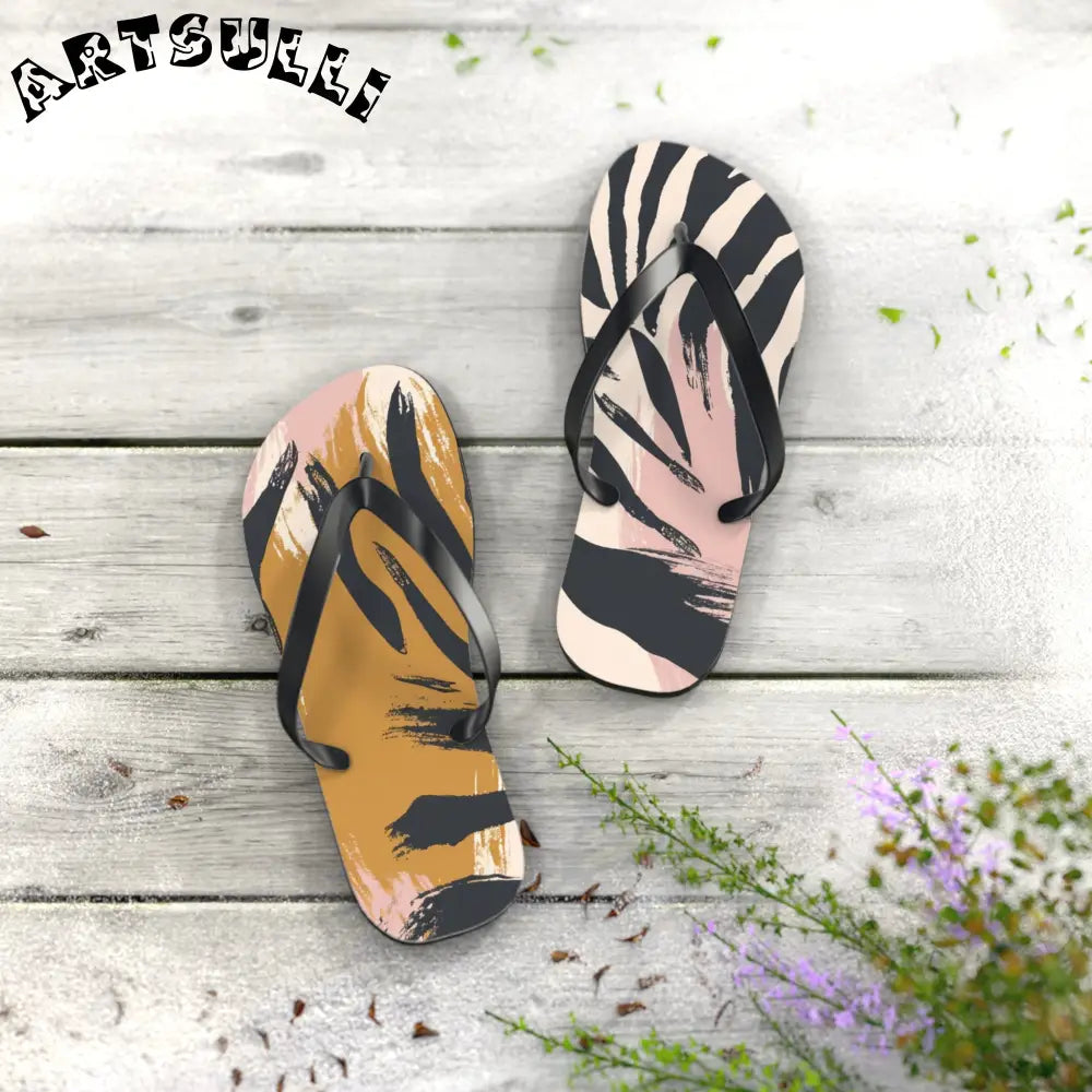 JAKKOUTTHEBXX Abstract zebra print flip flops in two color palettes