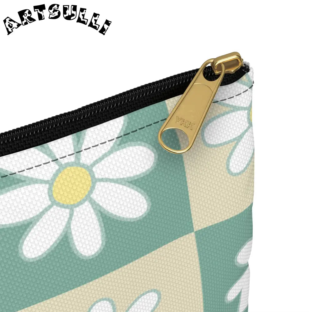 JAKKOUTTHEBXX Retro Daisy Checkerboard Green and Tan Accessory Pouch