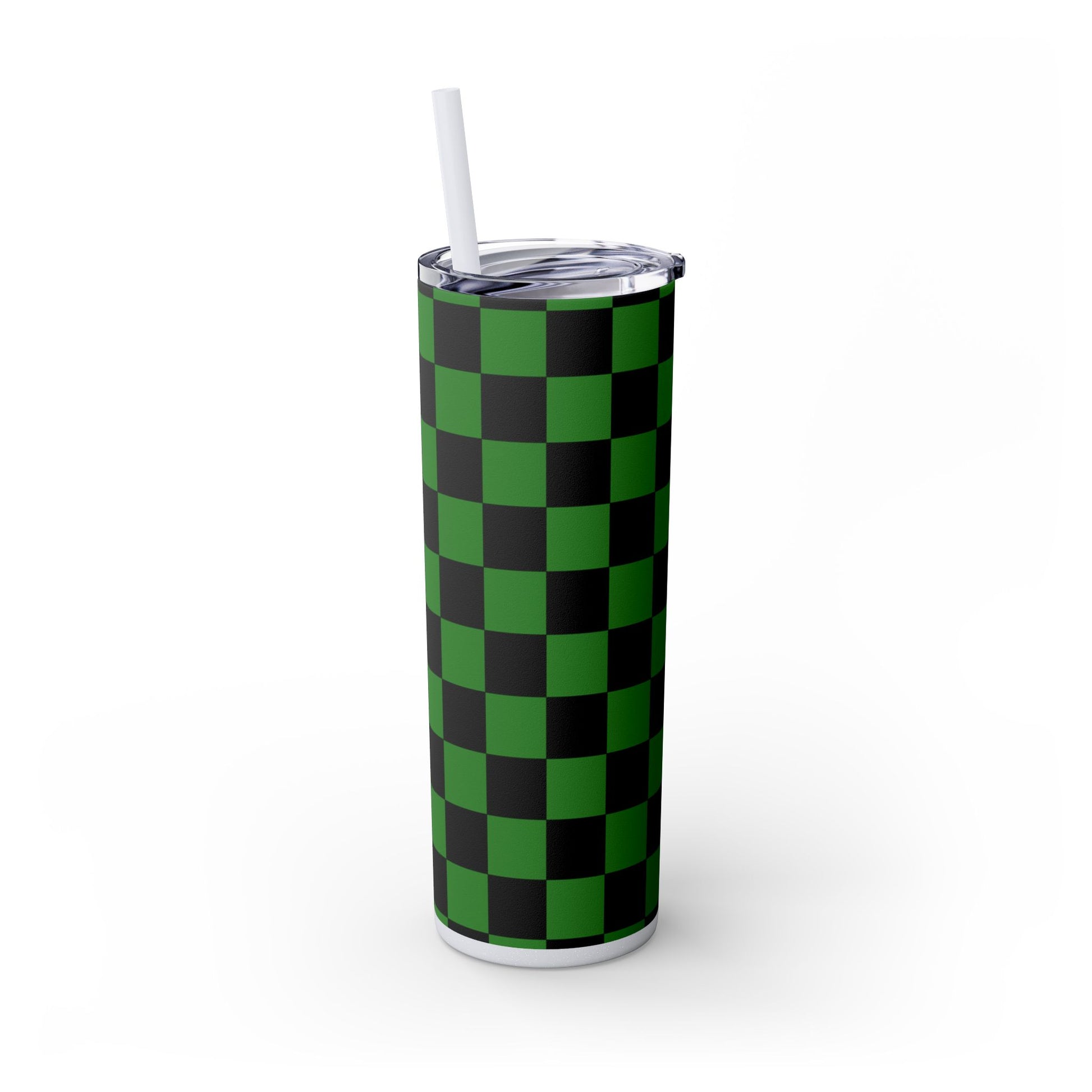 Checkerboard Green and Black Skinny Tumbler with Straw, 20oz, Artsulli - Art is Long, Life is Short, Mug, , , , , , , 