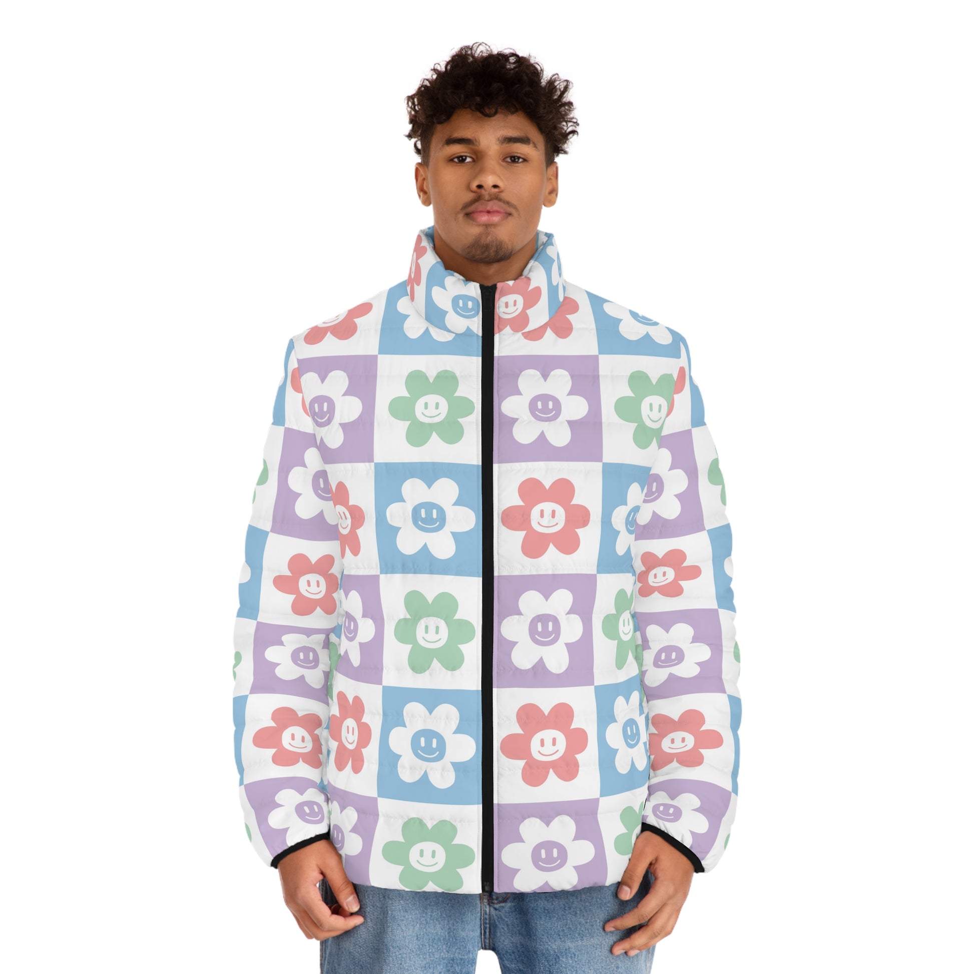 Chessboard x Smiley Face Flowers Multi-Color Men's Puffer Jacket (AOP), Artsulli - Art is Long, Life is Short, All Over Prints, , , , , , , 