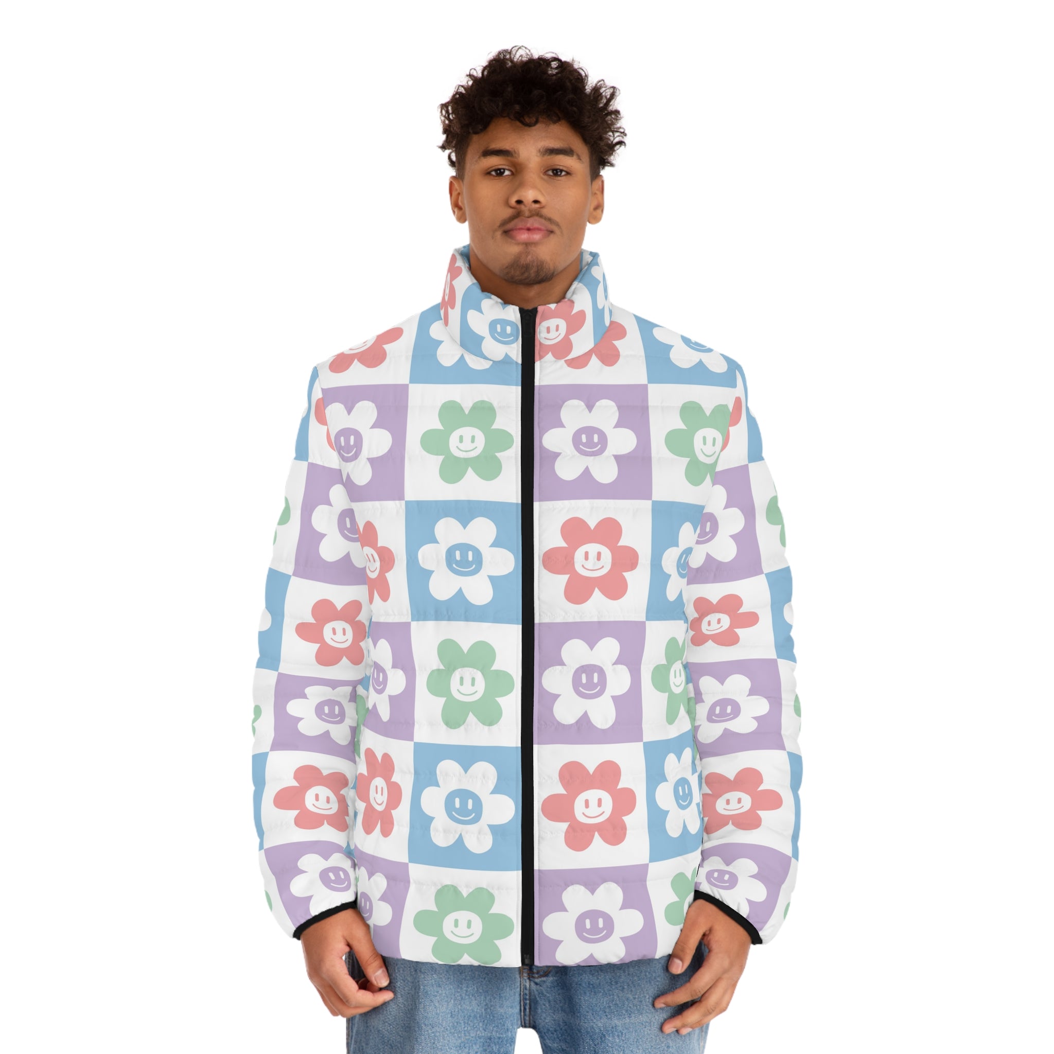 Chessboard x Smiley Face Flowers Multi-Color Men's Puffer Jacket (AOP), Artsulli - Art is Long, Life is Short, All Over Prints, , , , , , , 