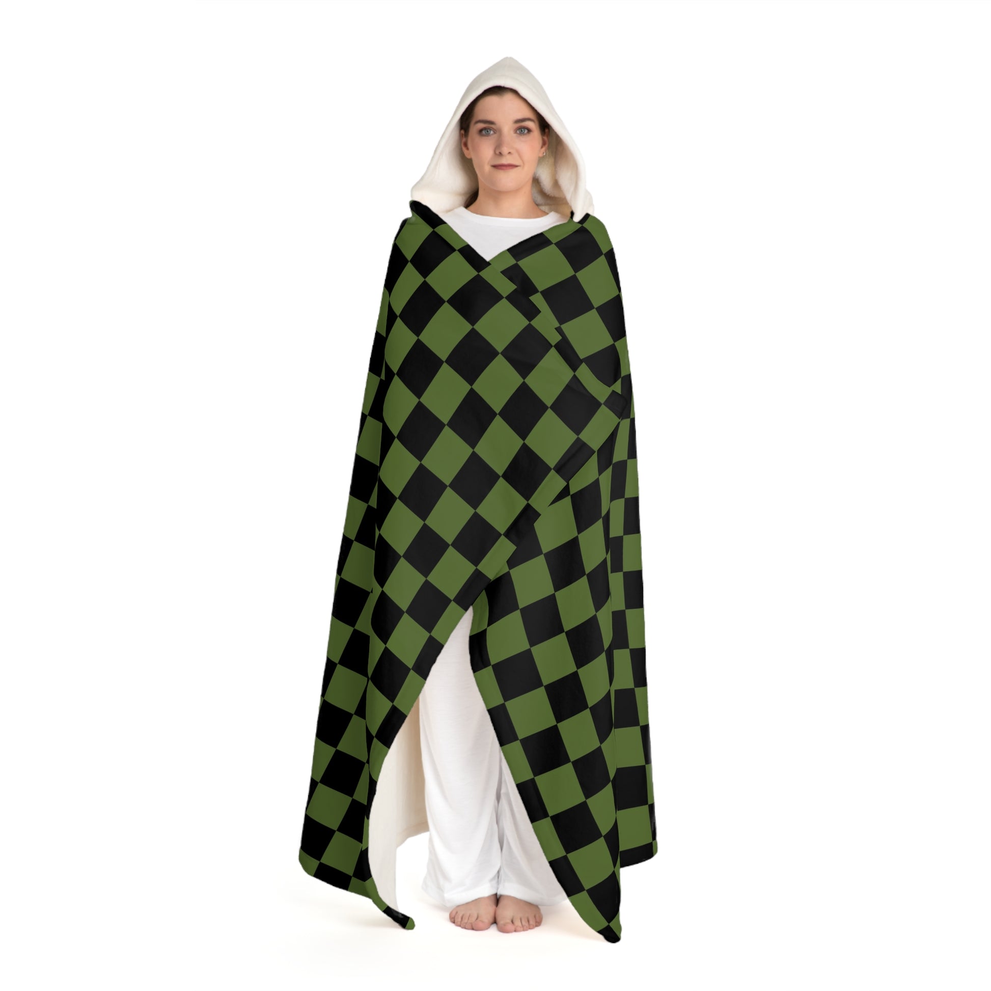 Checkerboard II Olive Green and Black Hooded Sherpa Fleece Blanket, Artsulli - Art is Long, Life is Short, All Over Prints, , , , , , , 