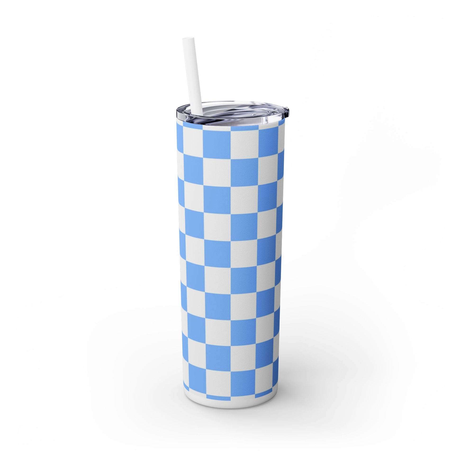 Checkerboard White and Light Blue Skinny Tumbler with Straw, 20oz, Artsulli - Art is Long, Life is Short, Mug, , , , , , , 