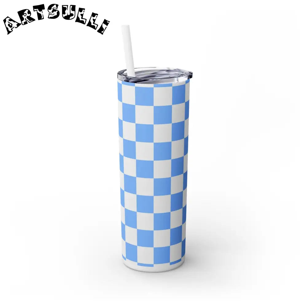 JAKKOUTTHEBXX Checkerboard White and Light Blue Skinny Tumbler