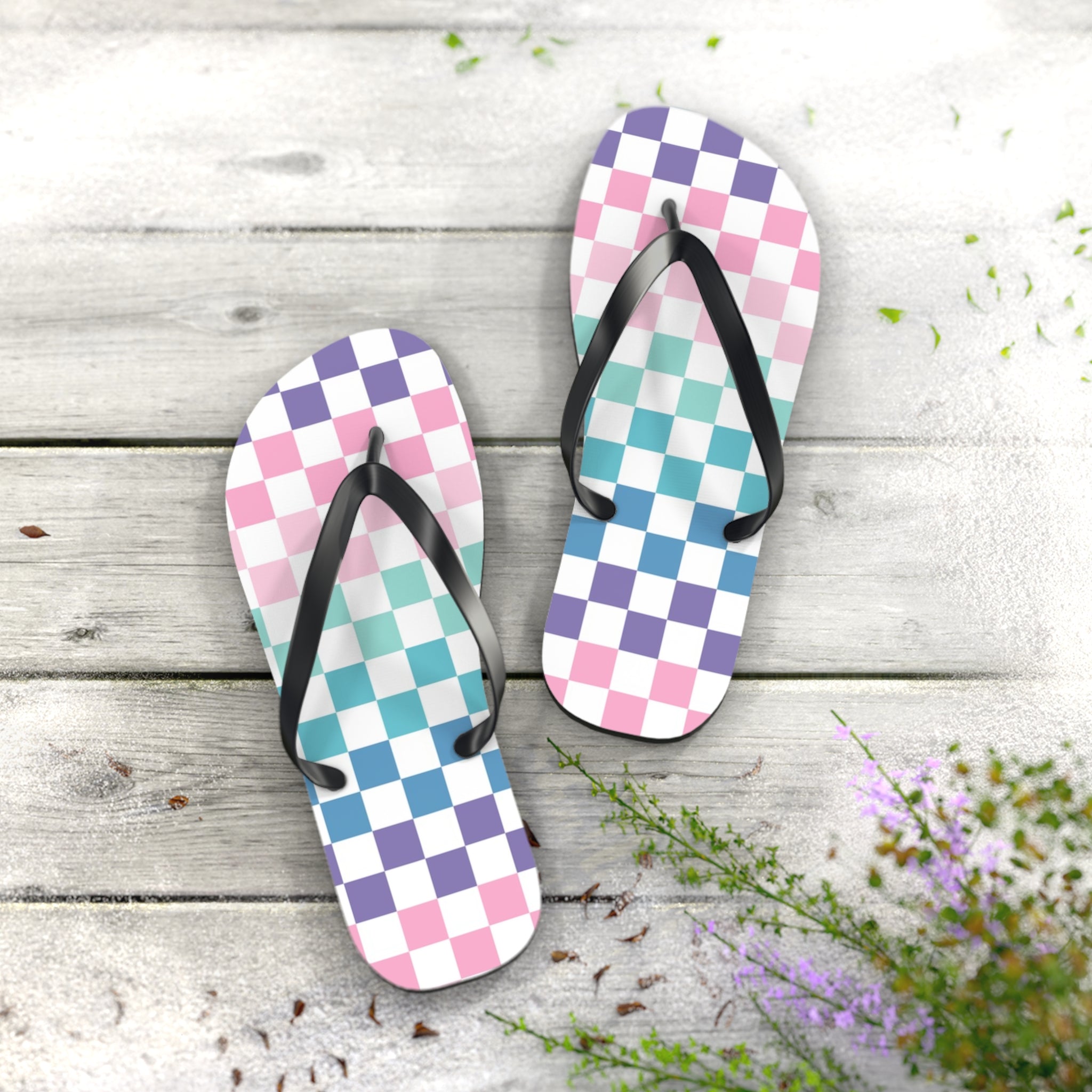 Vaporwave Rainbow  Checkerboard Multi-Color Flip Flops, Artsulli - Art is Long, Life is Short, Shoes, , , , , , , 