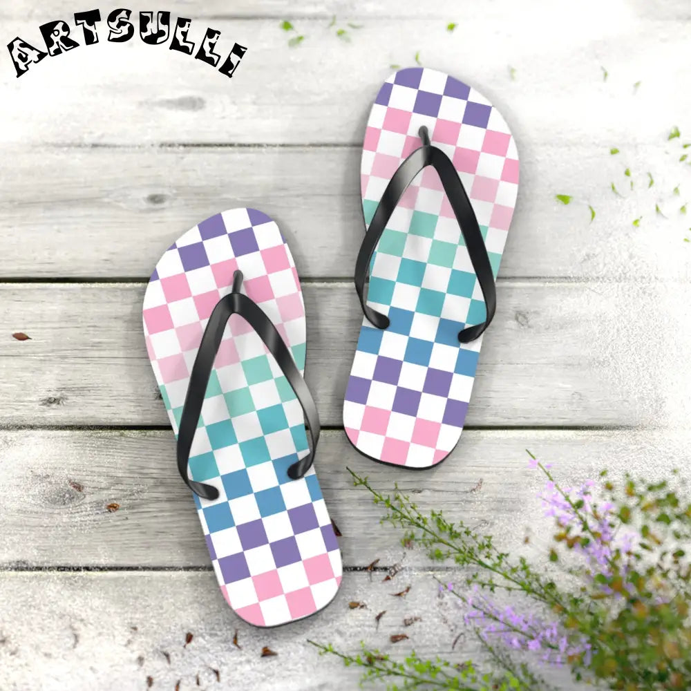 JAKKOUTTHEBXX Vaporwave Rainbow Checkerboard Multi-Color Flip Flops
