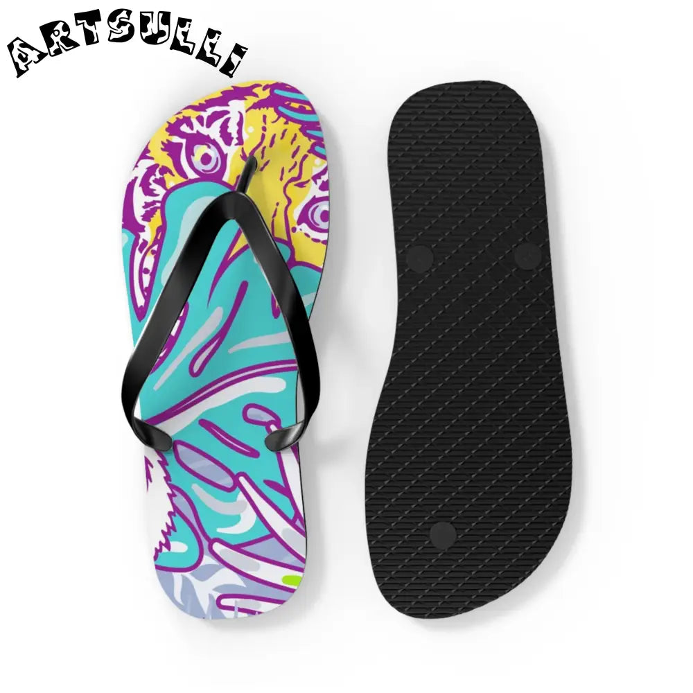 JAKKOUTTHEBXX Tropical Floral Tigers Torquise and Purple Flip Flops