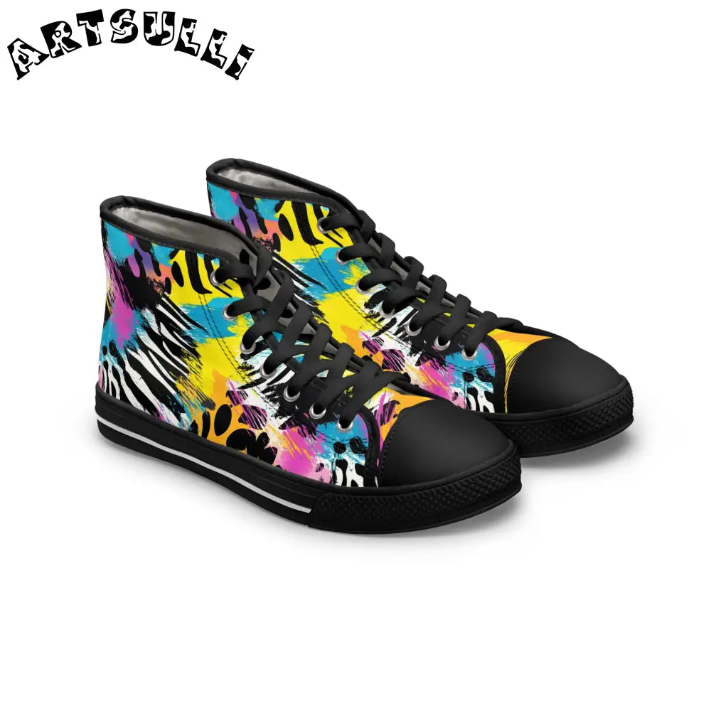 Zebra Stripes x Leopard Print x Paint Splatter Multi-Color Women's High Top Sneakers, Artsulli - Art is Long, Life is Short, Shoes, Size, US 5.5, Color, Black sole, , , 17979979743486
