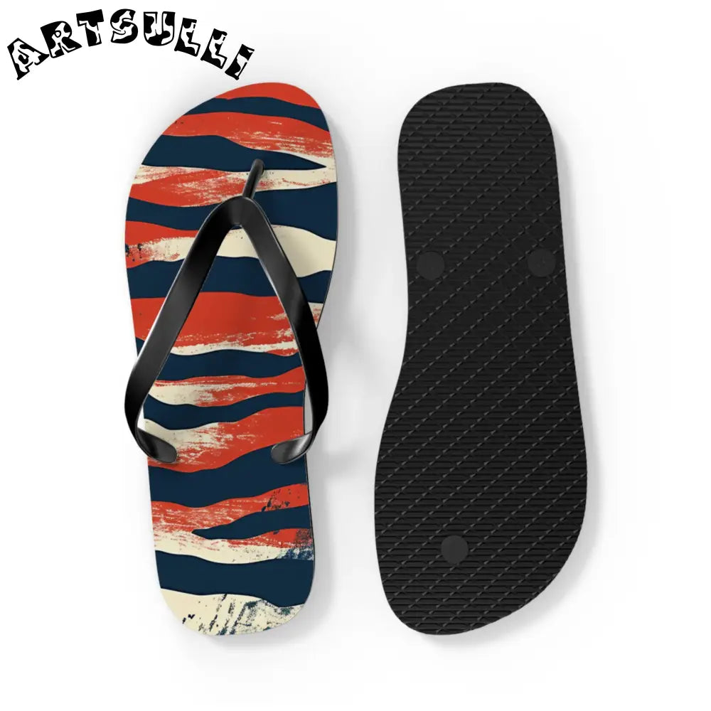 JAKKOUTTHEBXX Red White Blue Abstract Striped Flip Flops