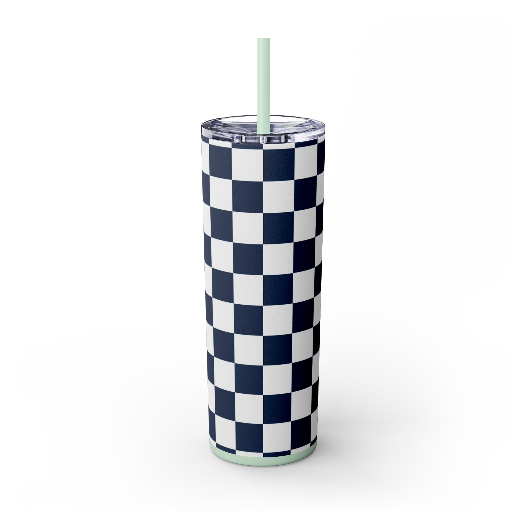 Checkerboard White and Navy Blue Skinny Tumbler with Straw, 20oz, Artsulli - Art is Long, Life is Short, Mug, , , , , , , 