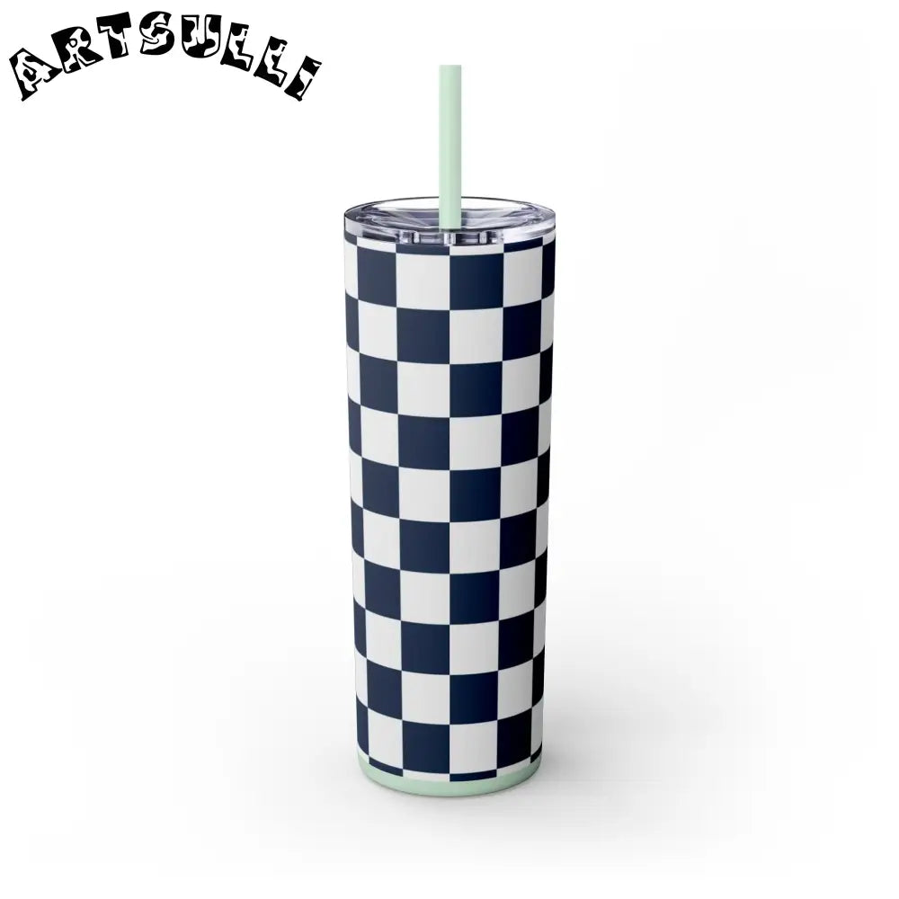 JAKKOUTTHEBXX Checkerboard White and Navy Blue Skinny Tumbler