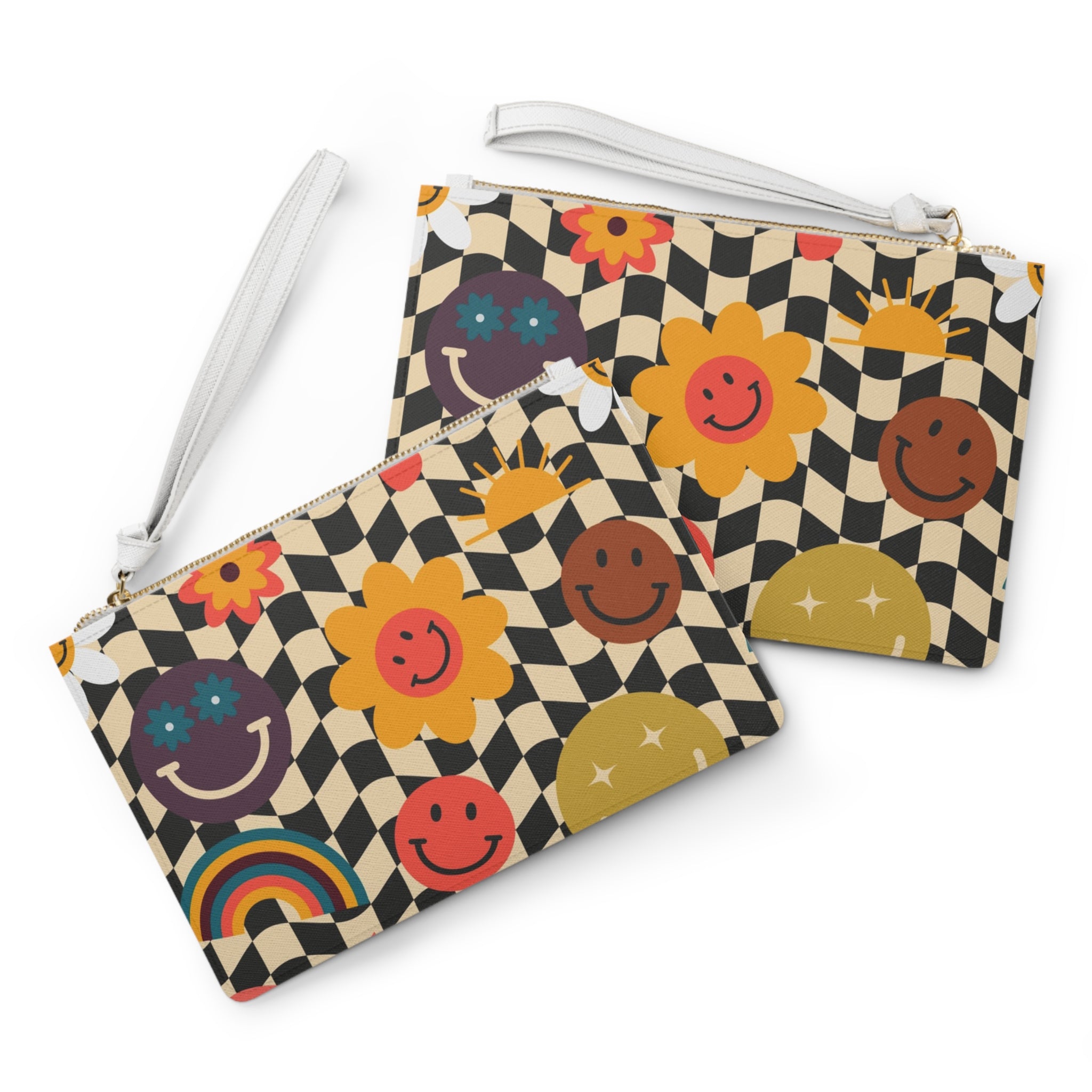 Trippy x Wavy Checkerboard x Smiley Face x Rainbow x Flowers Multi-Color Clutch Bag, Artsulli - Art is Long, Life is Short, Bags, , , , , , , 