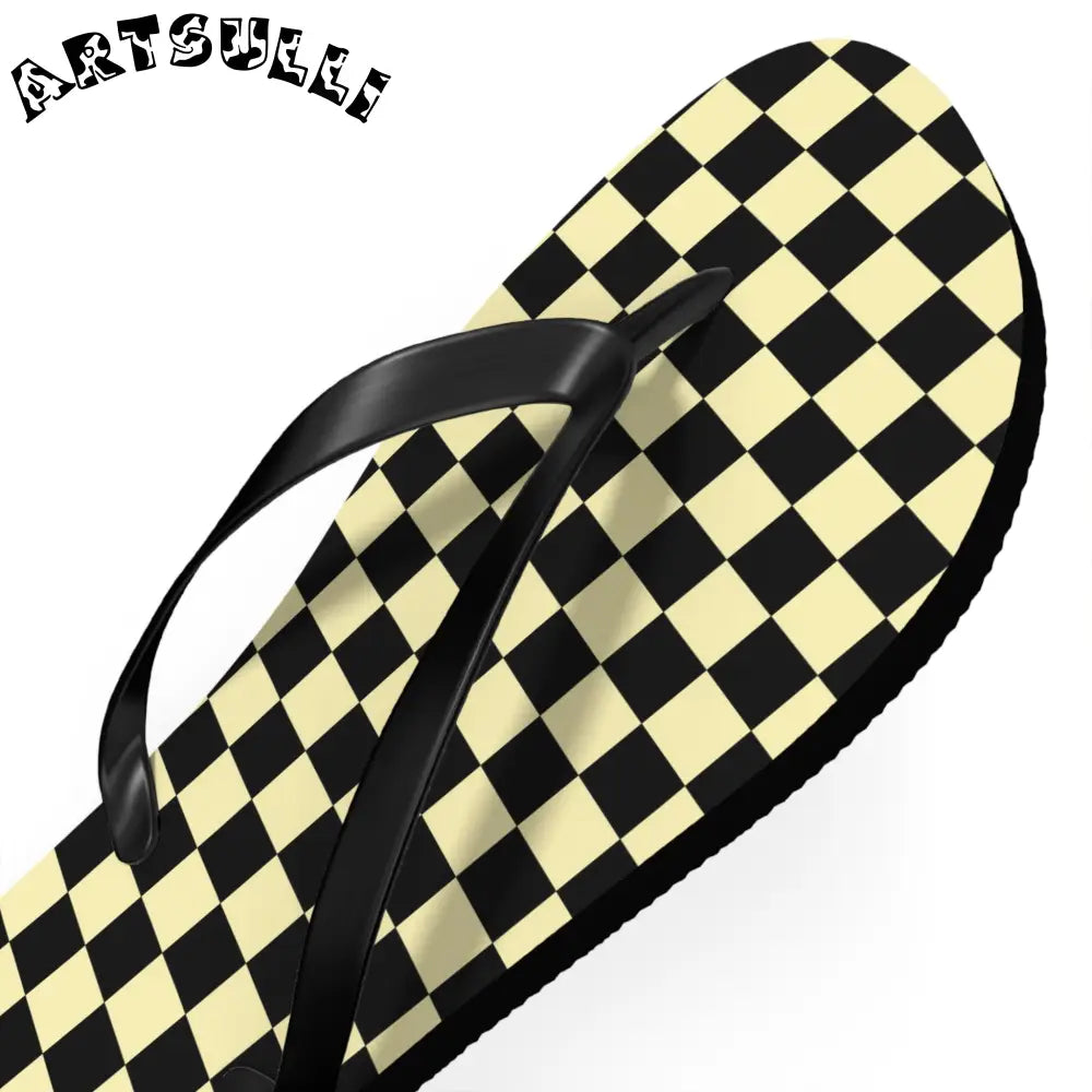JAKKOUTTHEBXX Checkerboard Black and Yellow Flip Flops JAKKOUTTHEBXX