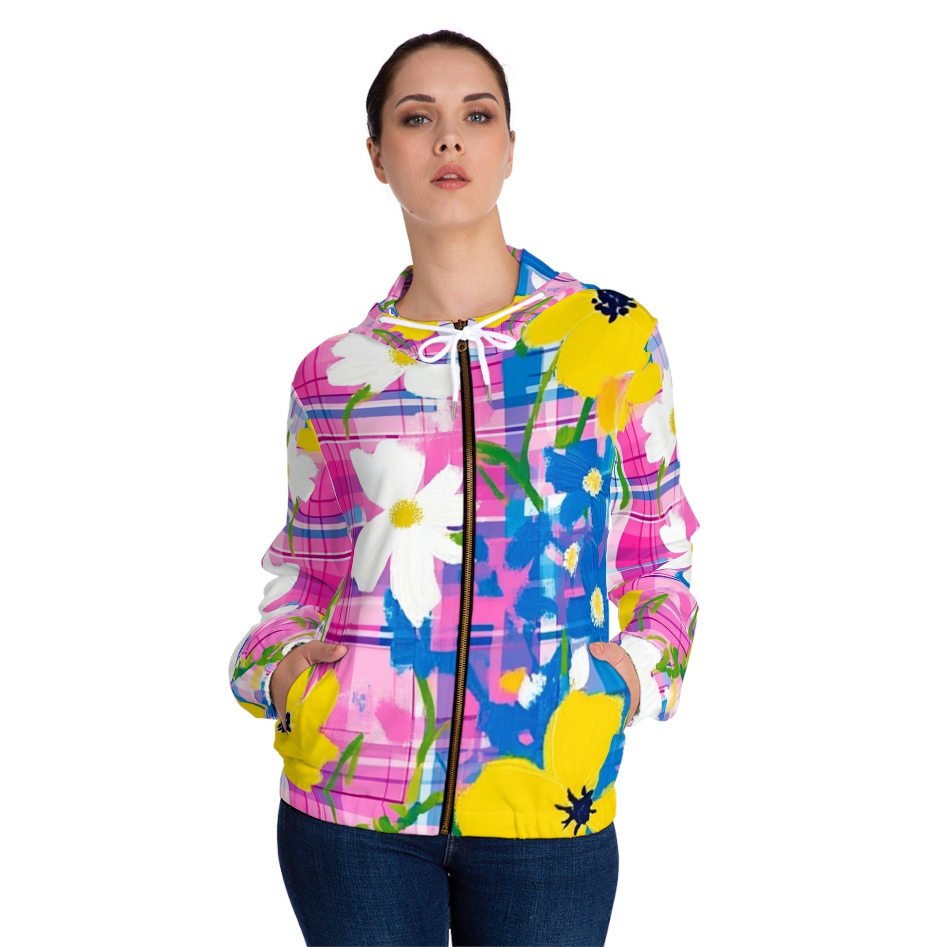 Plaid Garden Pink and Blue Women’s Full-Zip Hoodie (AOP), Artsulli - Art is Long, Life is Short, All Over Prints, , , , , , , 