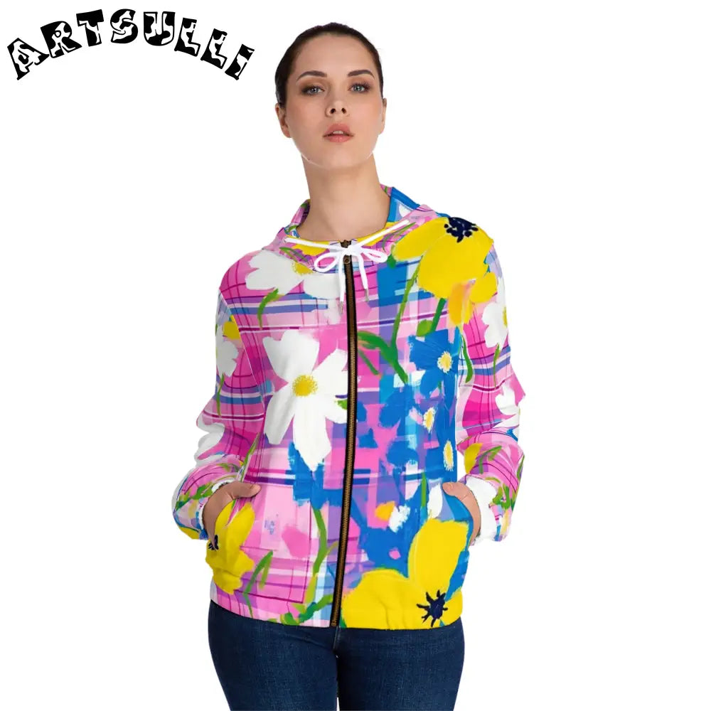 JAKKOUTTHEBXX Plaid Garden Pink and Blue Women’s Full-Zip Hoodie