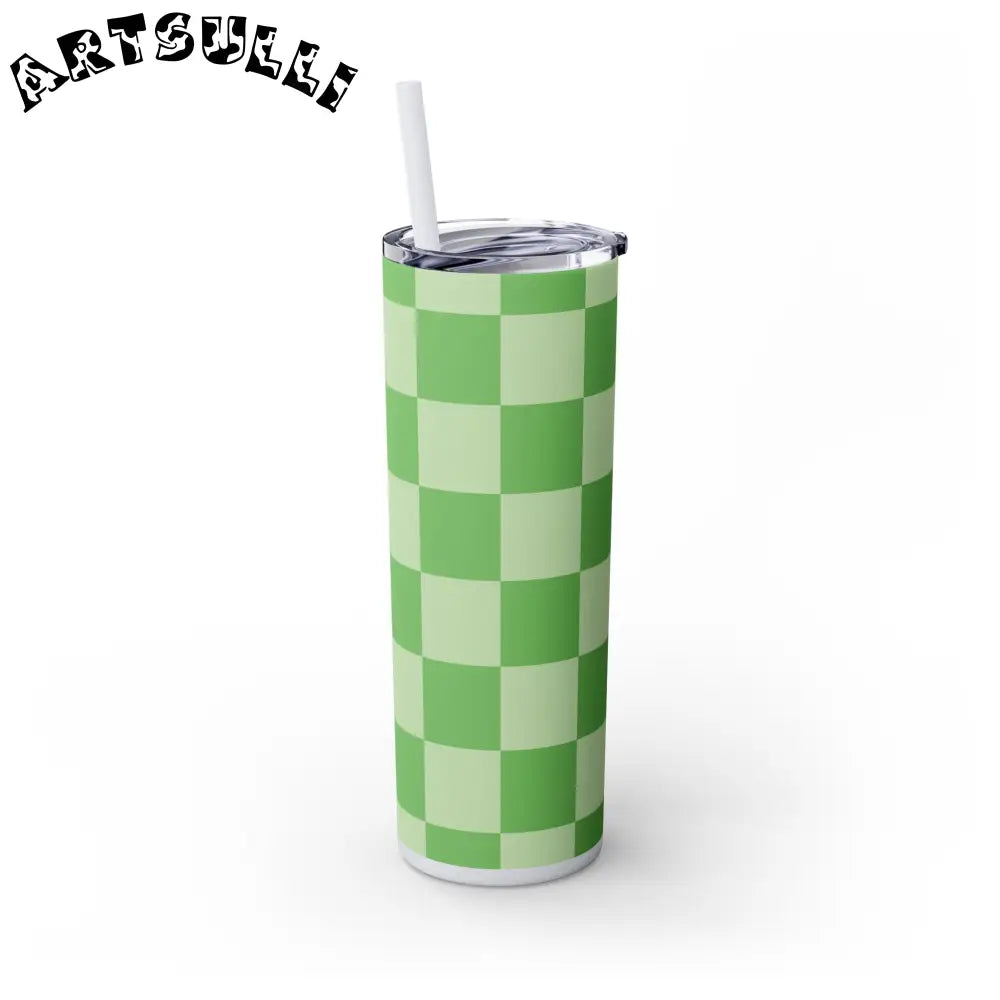 JAKKOUTTHEBXX Checkerboard Green Skinny Tumbler with Straw 20oz
