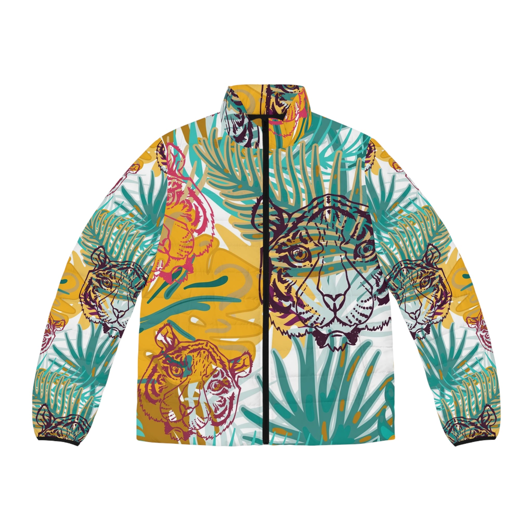Tropical Jungle Tigers Green and Brown Men's Puffer Jacket (AOP), Artsulli - Art is Long, Life is Short, All Over Prints, Size, S, Color, Black zipper, , , 33748774047919083252