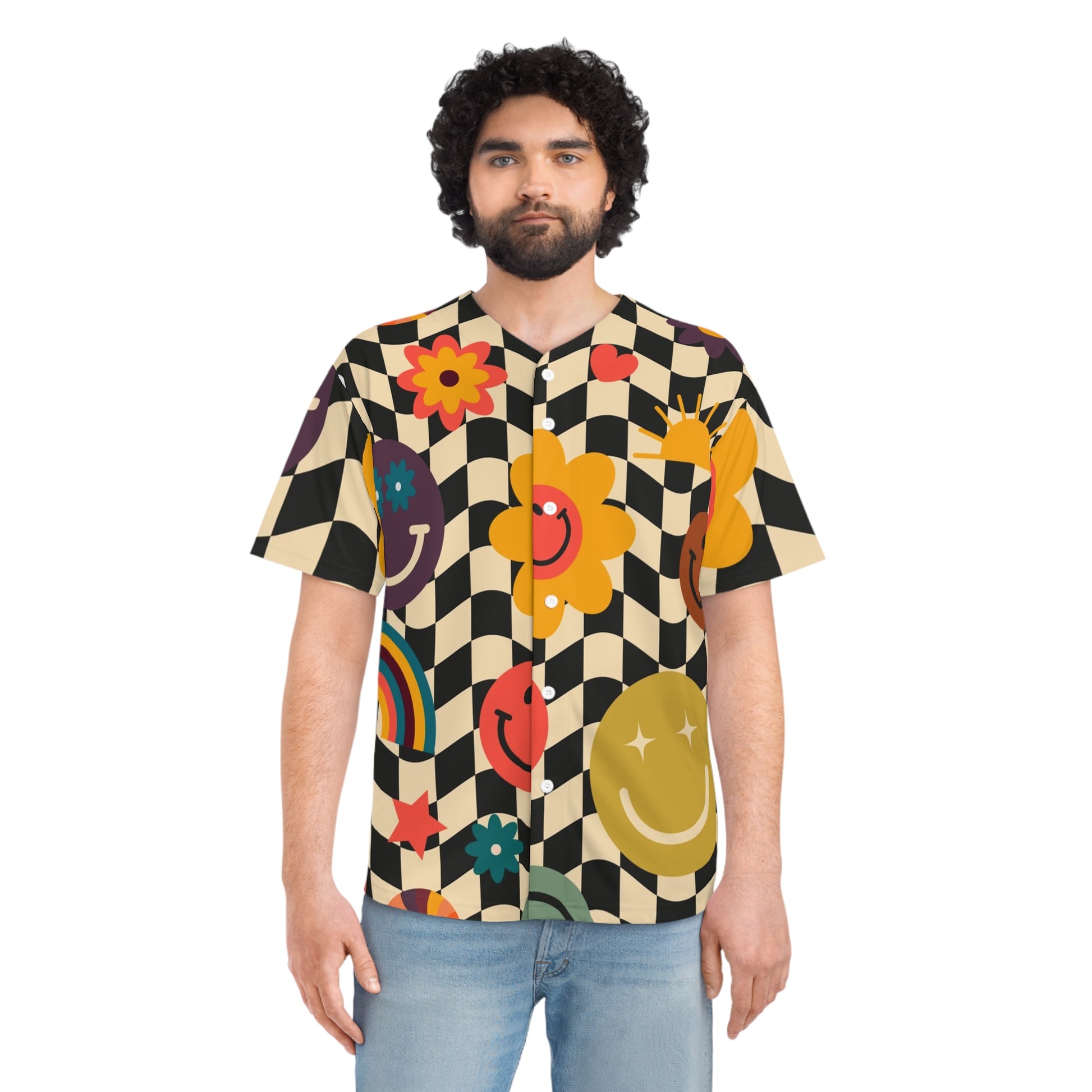 Trippy x Wavy Checkerboard x Smiley Face x Rainbow x Flowers Multi-Color Men's Baseball Jersey (AOP), Artsulli - Art is Long, Life is Short, All Over Prints, , , , , , , 