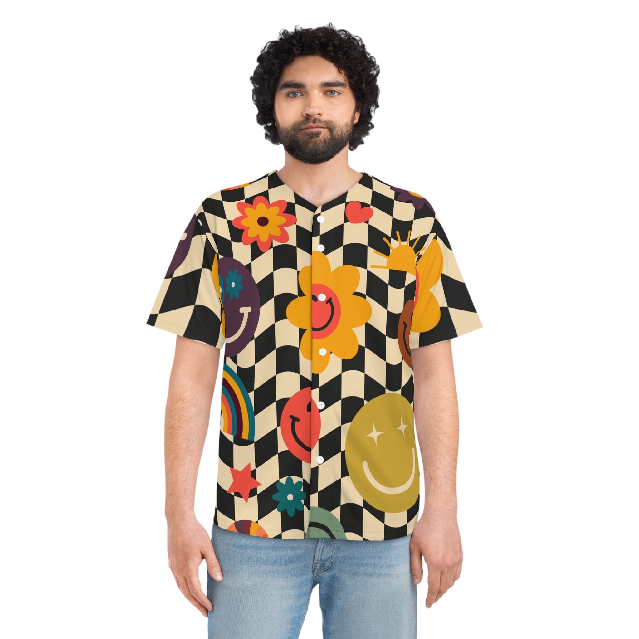 Trippy x Wavy Checkerboard x Smiley Face x Rainbow x Flowers Multi-Color Men's Baseball Jersey (AOP), Artsulli - Art is Long, Life is Short, All Over Prints, , , , , , , 