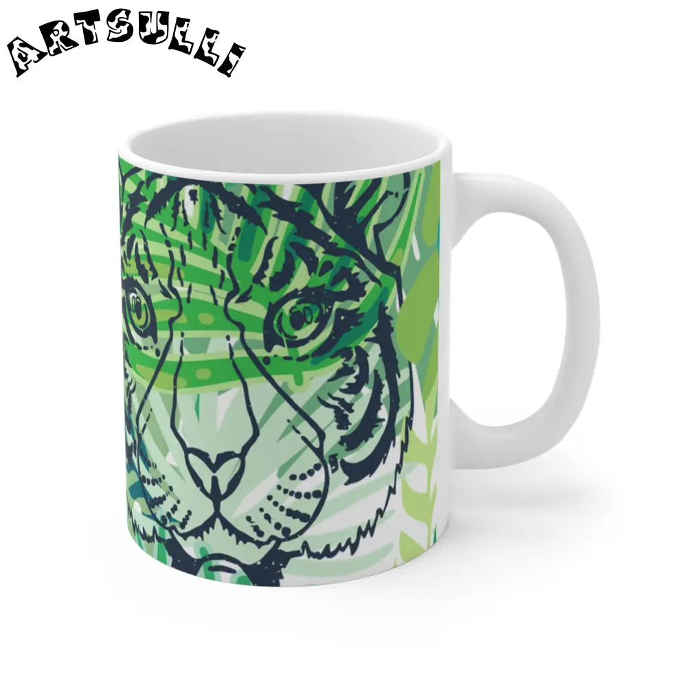 JAKKOUTTHEBXX Tropical Jungle Tigers Green Mug 11oz JAKKOUTTHEBXX