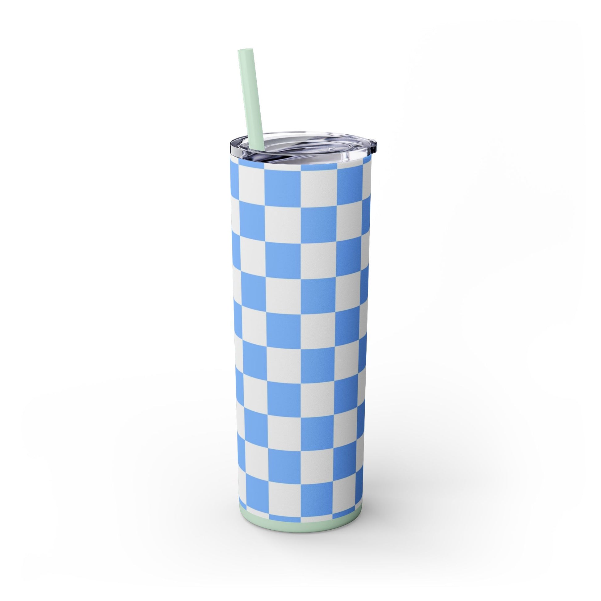Checkerboard White and Light Blue Skinny Tumbler with Straw, 20oz, Artsulli - Art is Long, Life is Short, Mug, , , , , , , 