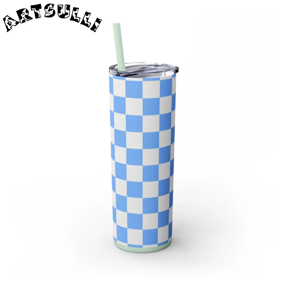JAKKOUTTHEBXX Checkerboard White and Light Blue Skinny Tumbler