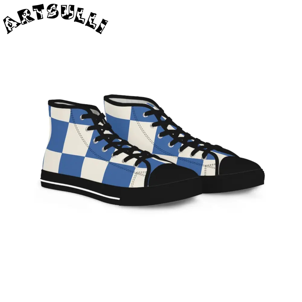 Big Checkerboard Blue Men's High Top Sneakers, Artsulli - Art is Long, Life is Short, Shoes, Size, US 5, Color, Black sole, , , 16895359067741575996
