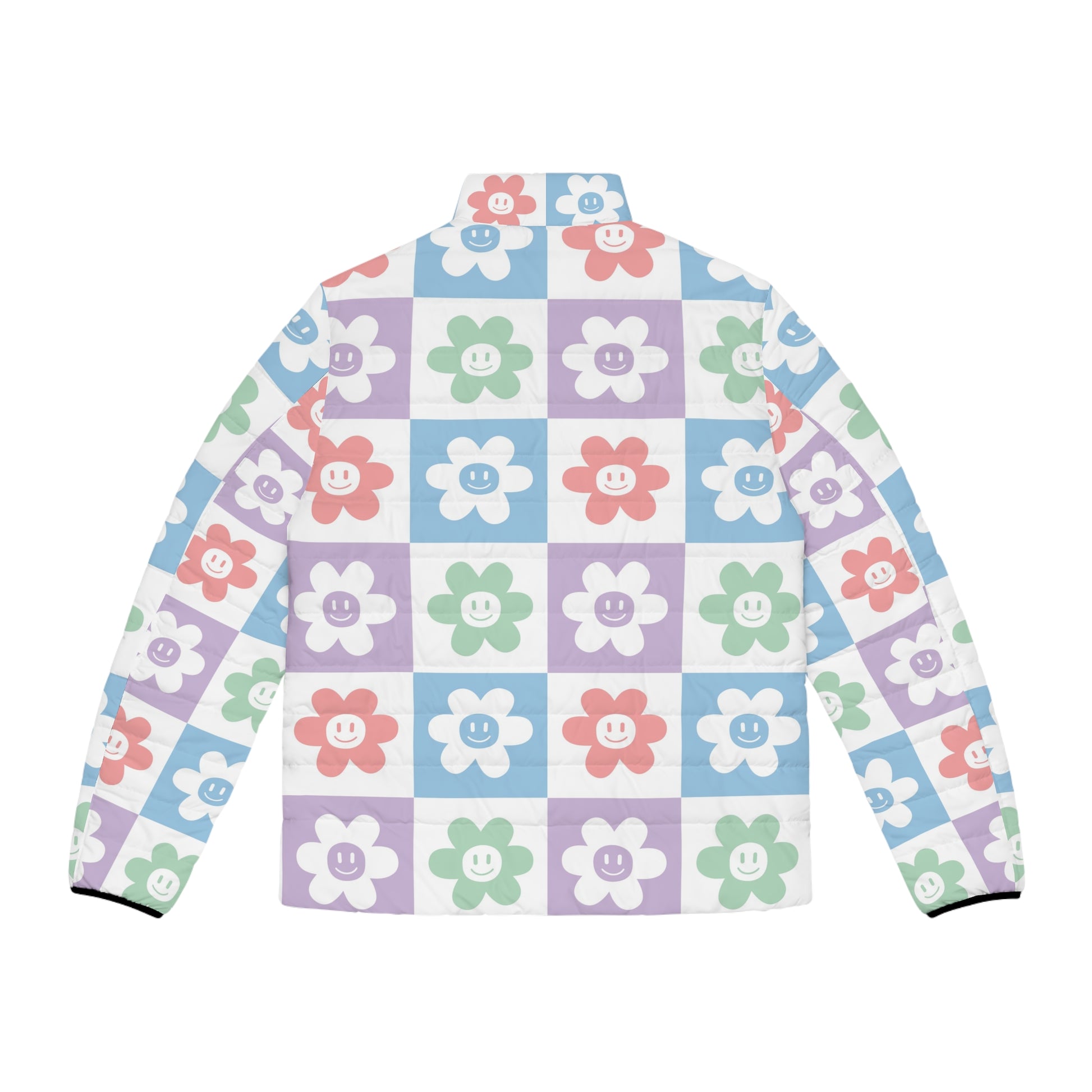 Chessboard x Smiley Face Flowers Multi-Color Men's Puffer Jacket (AOP), Artsulli - Art is Long, Life is Short, All Over Prints, , , , , , , 