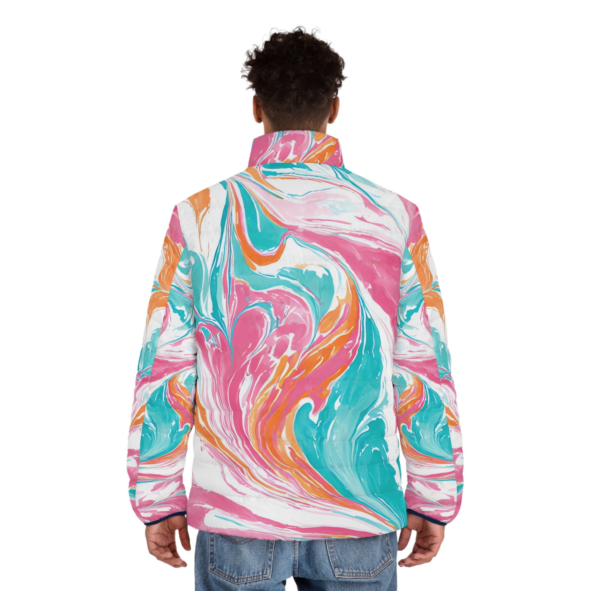 Liquid Pastel Spill Multi-Color  Men's Puffer Jacket (AOP), Artsulli - Art is Long, Life is Short, All Over Prints, , , , , , , 