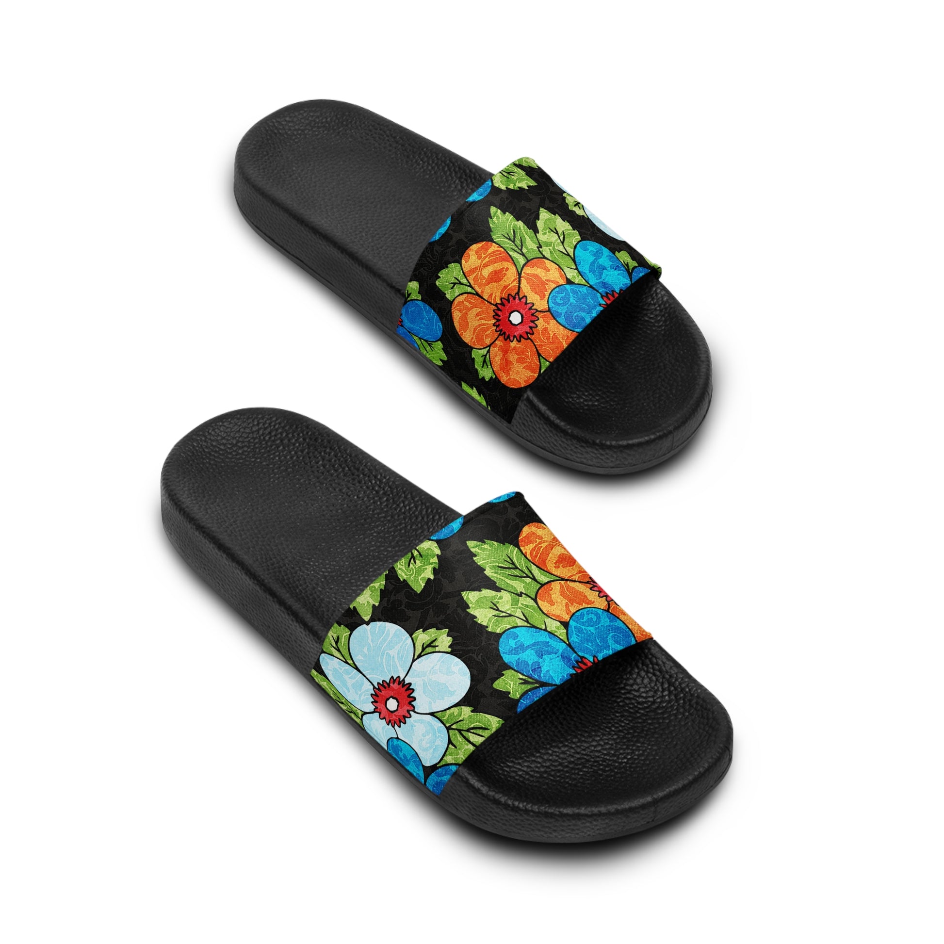 Groovy Black Floral Kl Women's Slide Sandals, Artsulli - Art is Long, Life is Short, Shoes, , , , , , , 