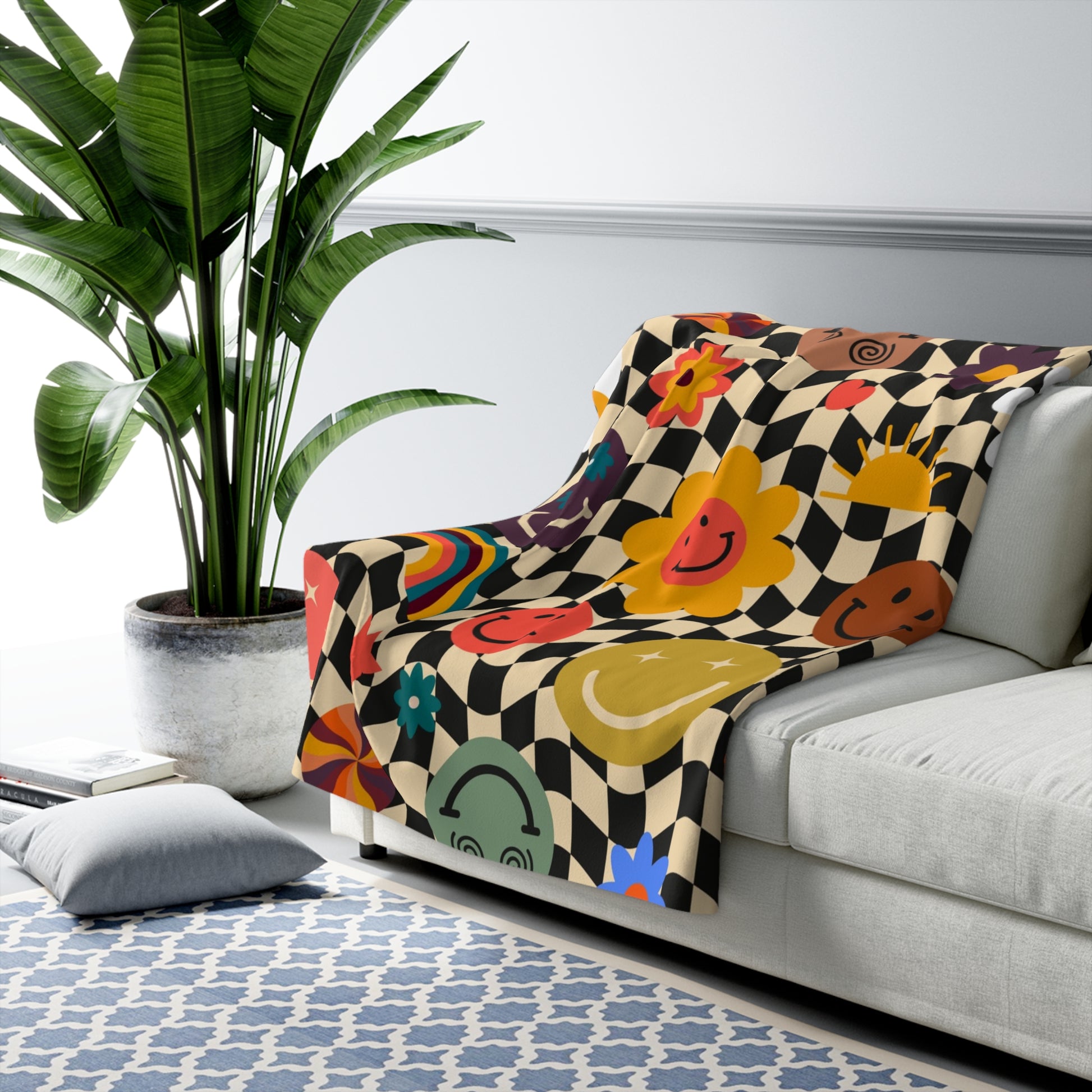 Trippy x Wavy Checkerboard x Smiley Face x Rainbow x Flowers Multi-Color Sherpa Fleece Blanket, Artsulli - Art is Long, Life is Short, Home Decor, , , , , , , 