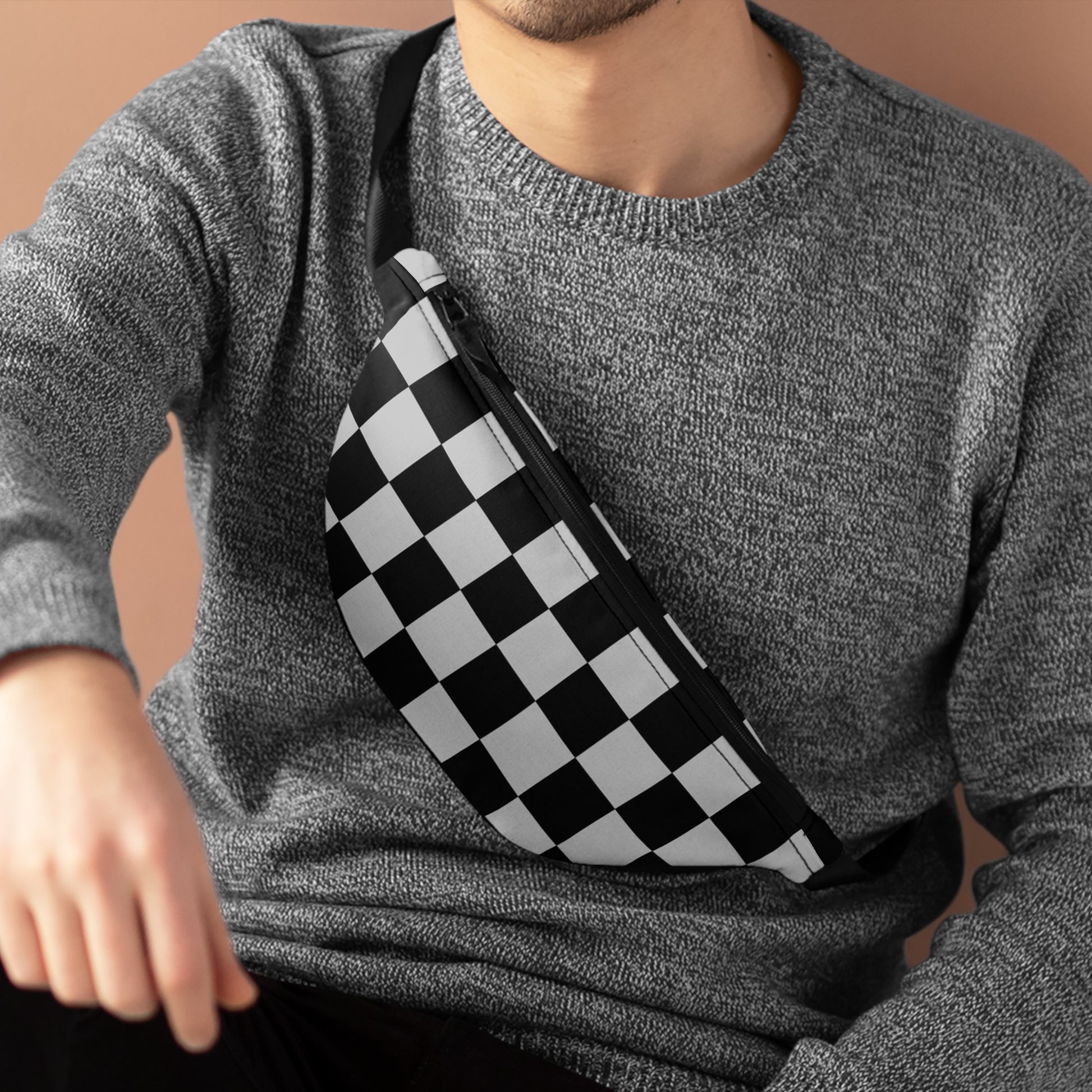 Checkerboard Dada Black and Light Gray Fanny Pack, Artsulli - Art is Long, Life is Short, Bags, , , , , , , 