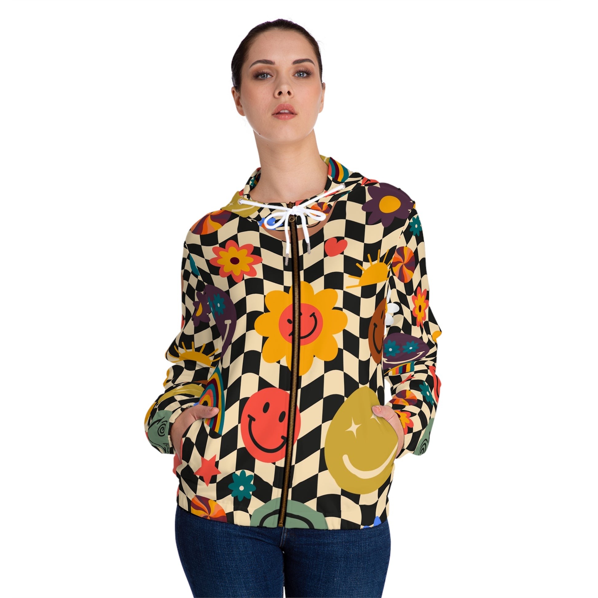 Trippy x Wavy Checkerboard x Smiley Face x Rainbow x Flowers Multi-Color Women’s Full-Zip Hoodie (AOP), Artsulli - Art is Long, Life is Short, All Over Prints, , , , , , , 