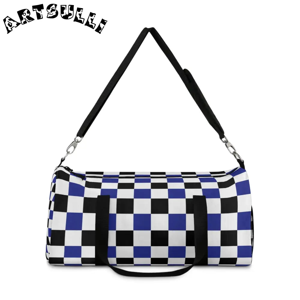 JAKKOUTTHEBXX Checkerboard Blue White and Black Duffel Bag