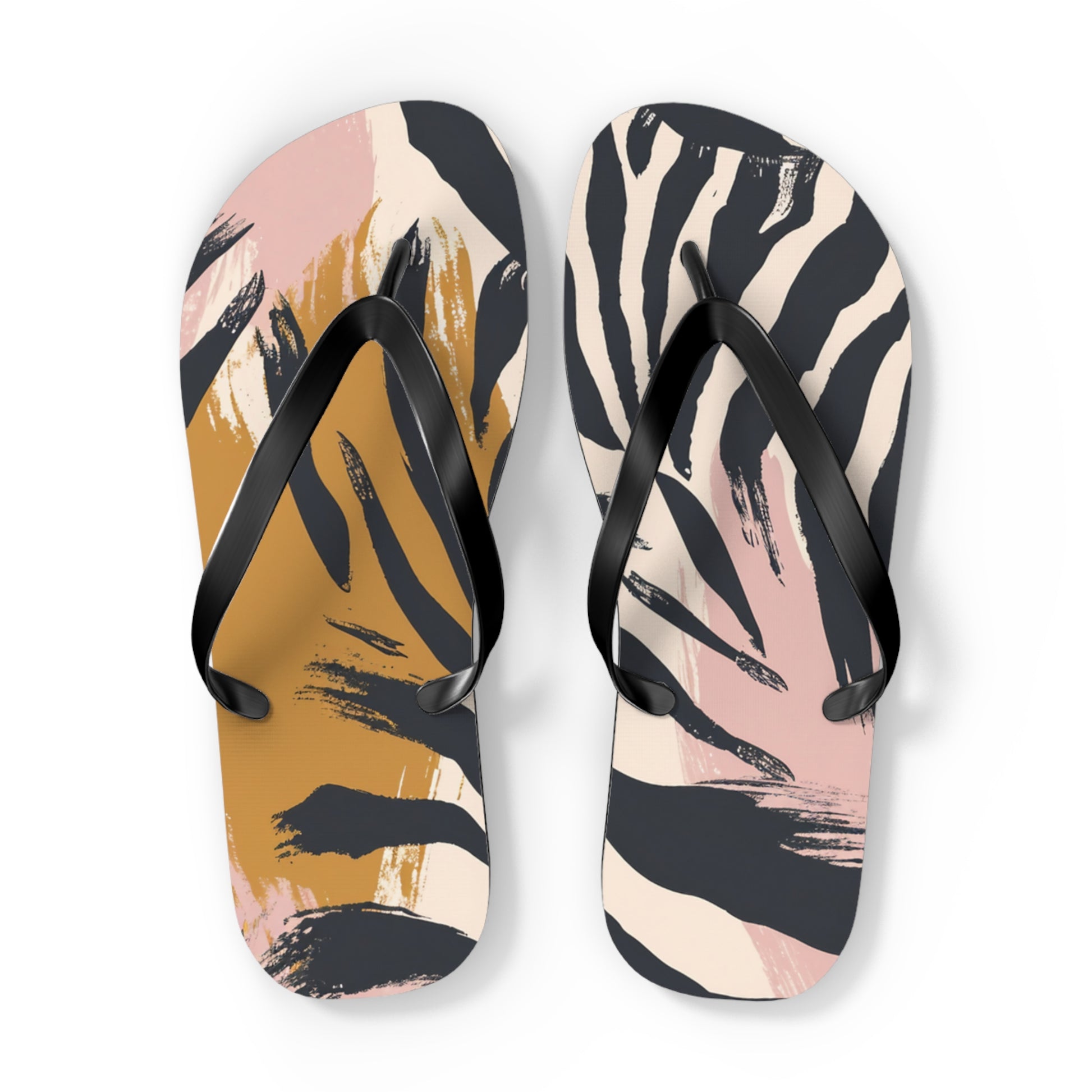 Zebra Brush Strokes Flip Flops, Artsulli - Art is Long, Life is Short, Shoes, Size, XL, Color, Black sole, , , 17528019961213
