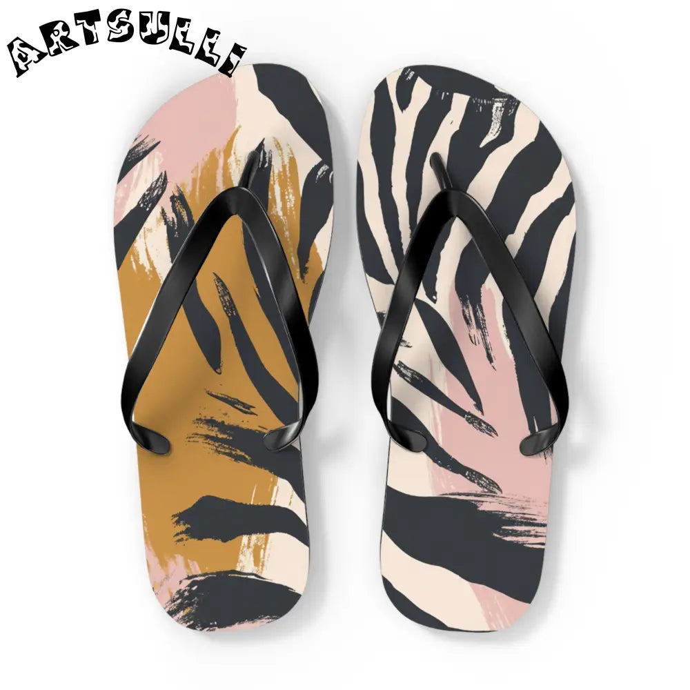 JAKKOUTTHEBXX Abstract zebra print flip flops in two color palettes
