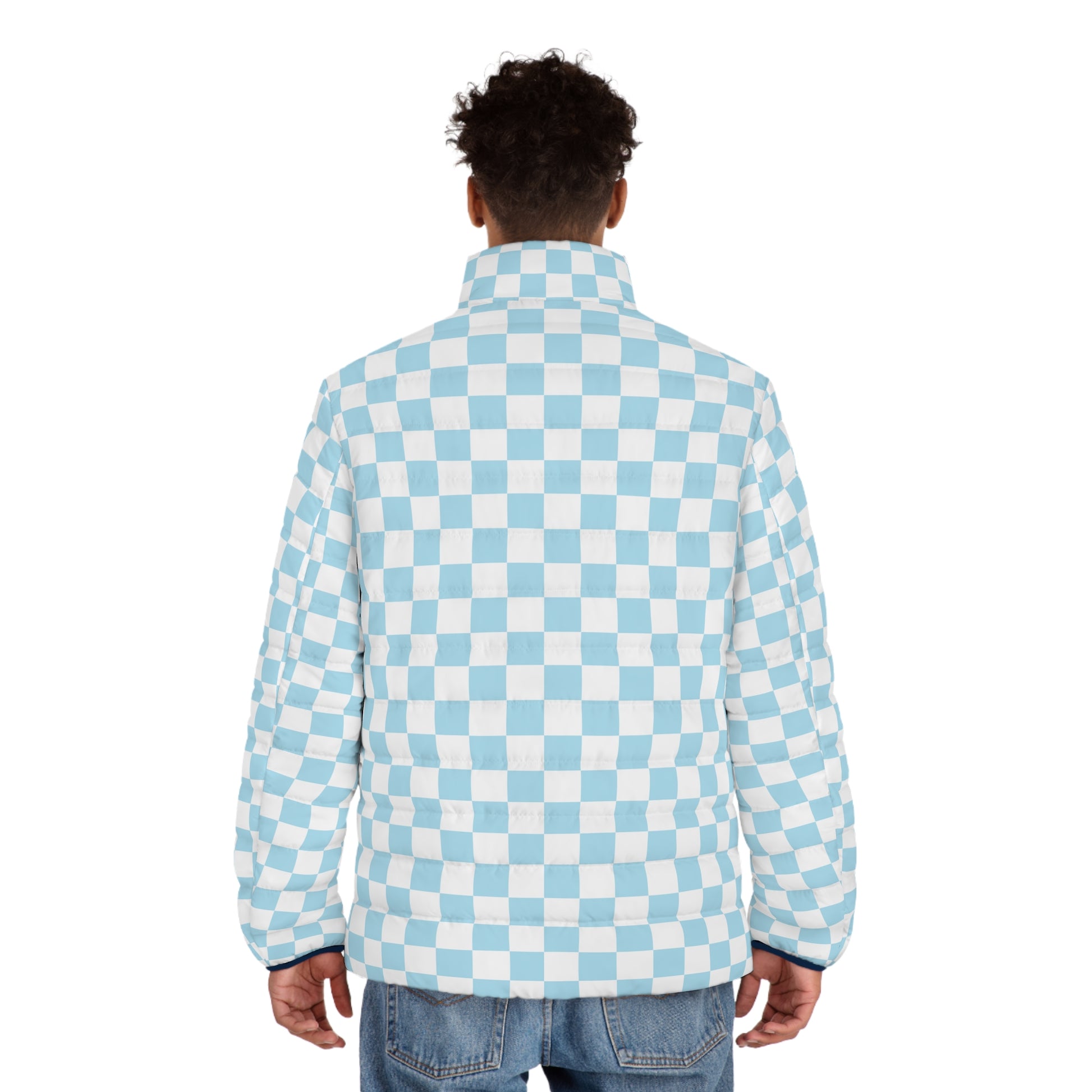 Checkerboard Sky Blue Men's Puffer Jacket (AOP), Artsulli - Art is Long, Life is Short, All Over Prints, , , , , , , 