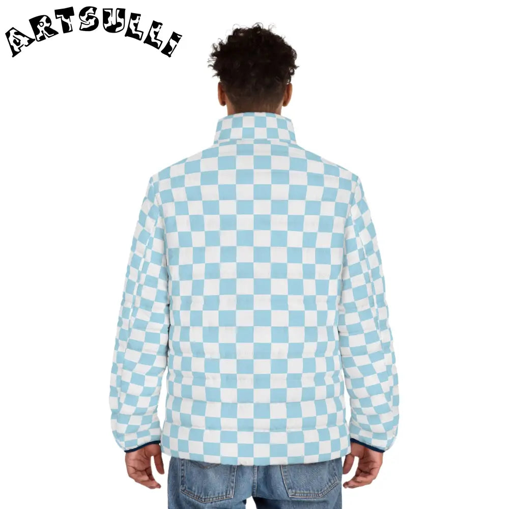 JAKKOUTTHEBXX Checkerboard Sky Blue Men’s Puffer Jacket (AOP)